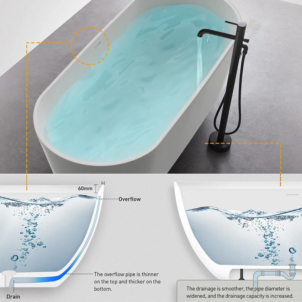 63" Solid Surface Stone Resin Oval-shaped Matte White Freestanding Soaking Bathtub with Overflow - Image 20