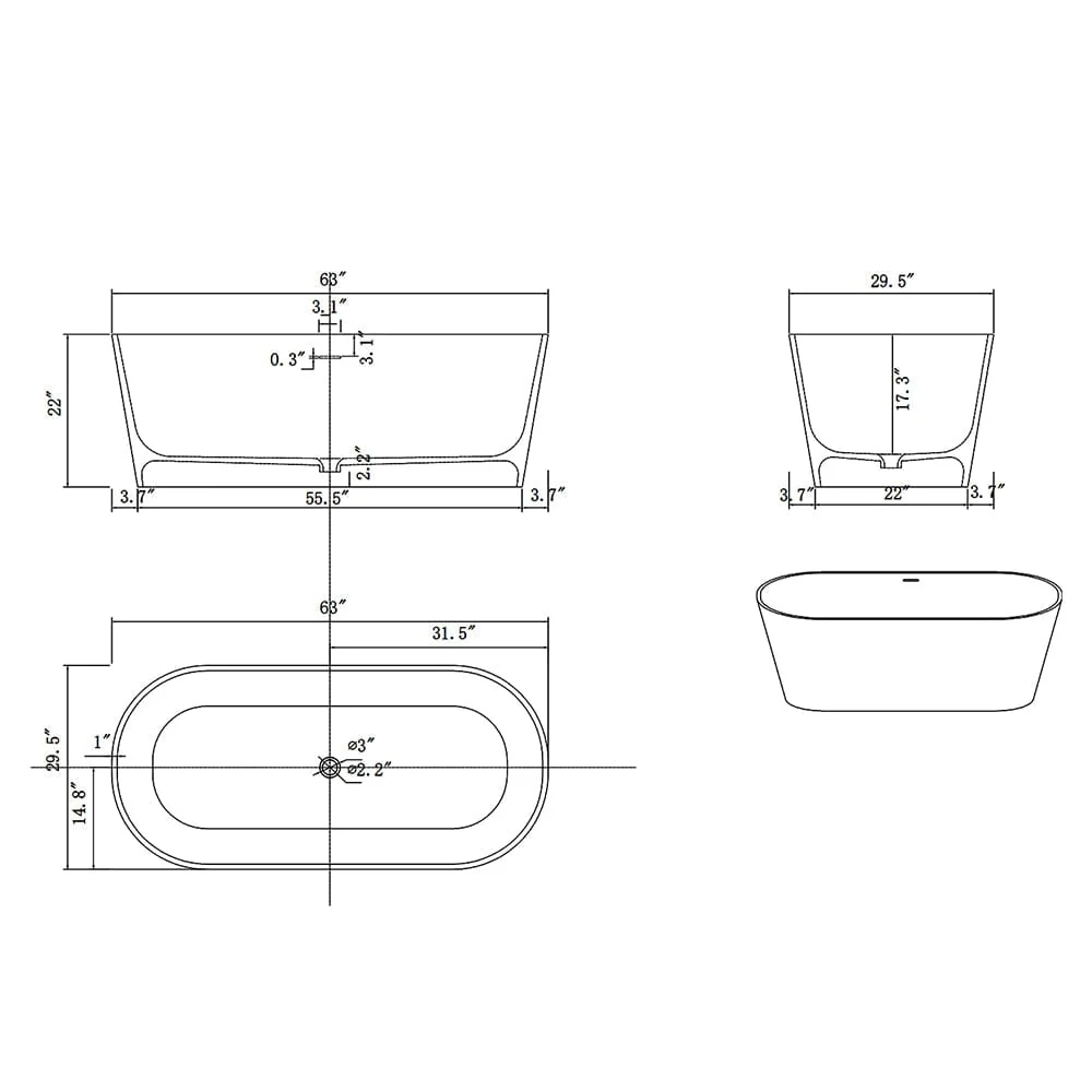 63" Solid Surface Stone Resin Oval-shaped Matte White Freestanding Soaking Bathtub with Overflow - Image 21