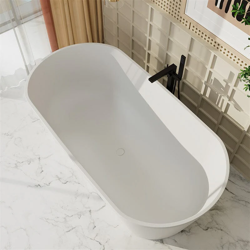 63" Solid Surface Stone Resin Oval-shaped Matte White Freestanding Soaking Bathtub with Overflow - Image 3