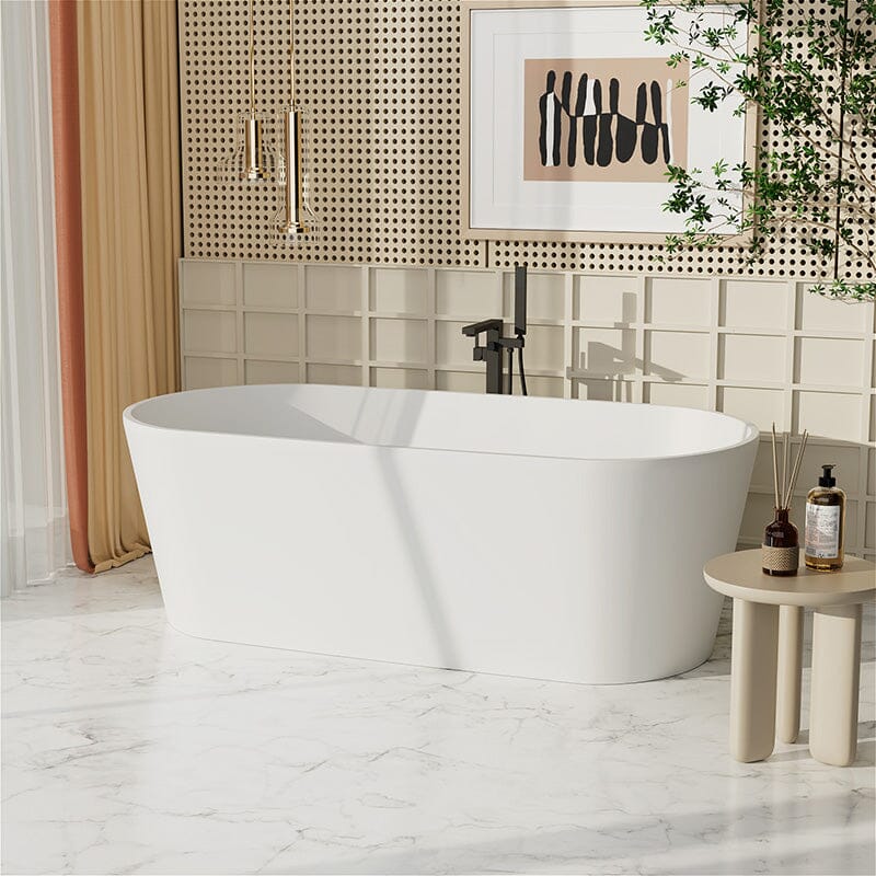 63" Solid Surface Stone Resin Oval-shaped Matte White Freestanding Soaking Bathtub with Overflow - Image 4