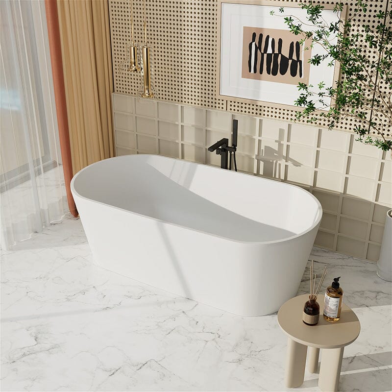 63" Solid Surface Stone Resin Oval-shaped Matte White Freestanding Soaking Bathtub with Overflow - Image 5