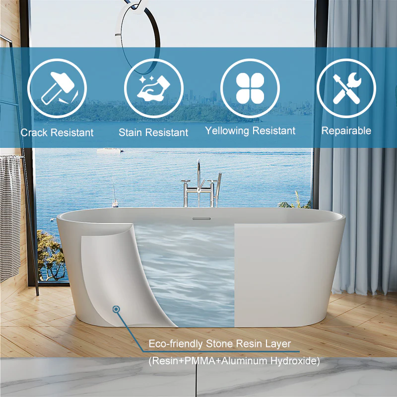 63" Solid Surface Stone Resin Oval-shaped Matte White Freestanding Soaking Bathtub with Overflow - Image 6