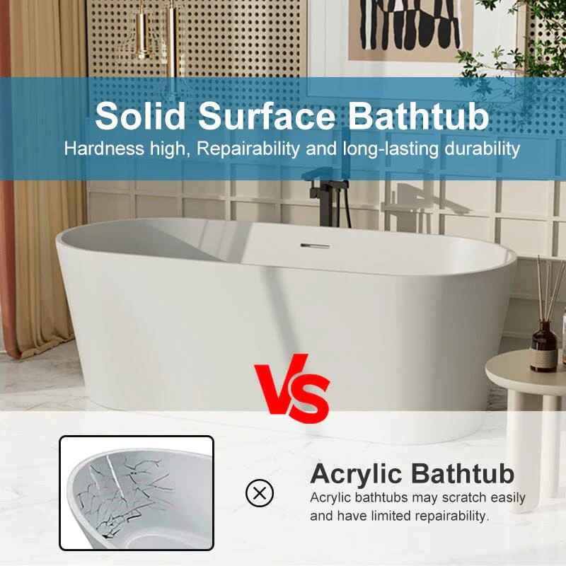 63" Solid Surface Stone Resin Oval-shaped Matte White Freestanding Soaking Bathtub with Overflow - Image 7