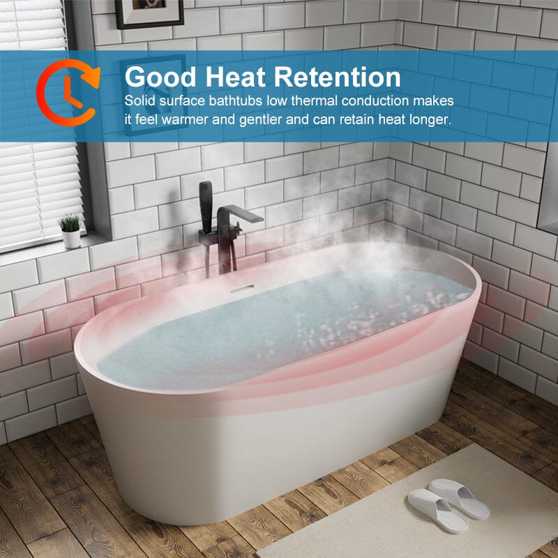 63" Solid Surface Stone Resin Oval-shaped Matte White Freestanding Soaking Bathtub with Overflow - Image 9