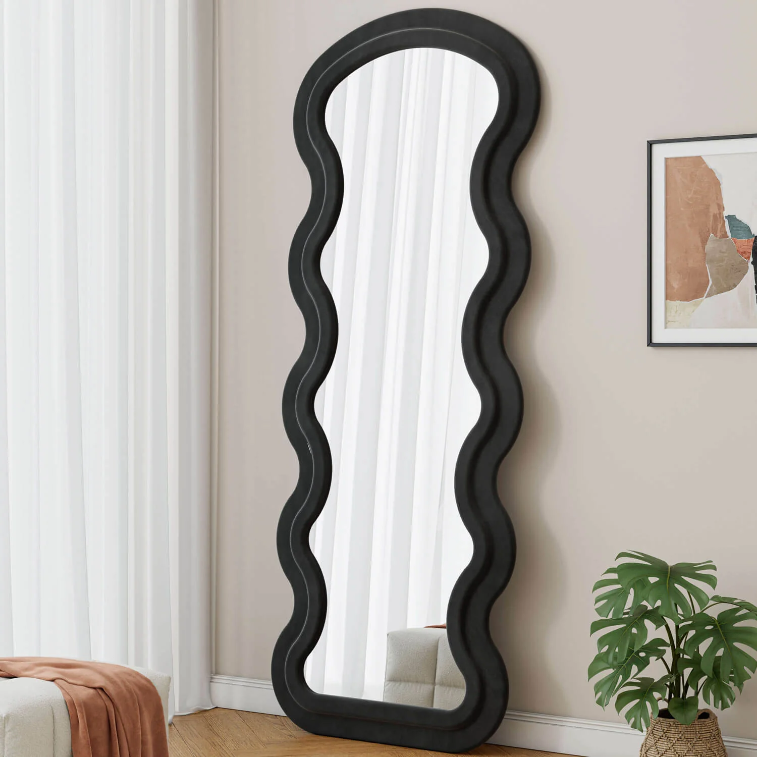 63"x24" Black Flannel Wavy Full Length Floor Mirror, Stand or Hang, Shatterproof Glass