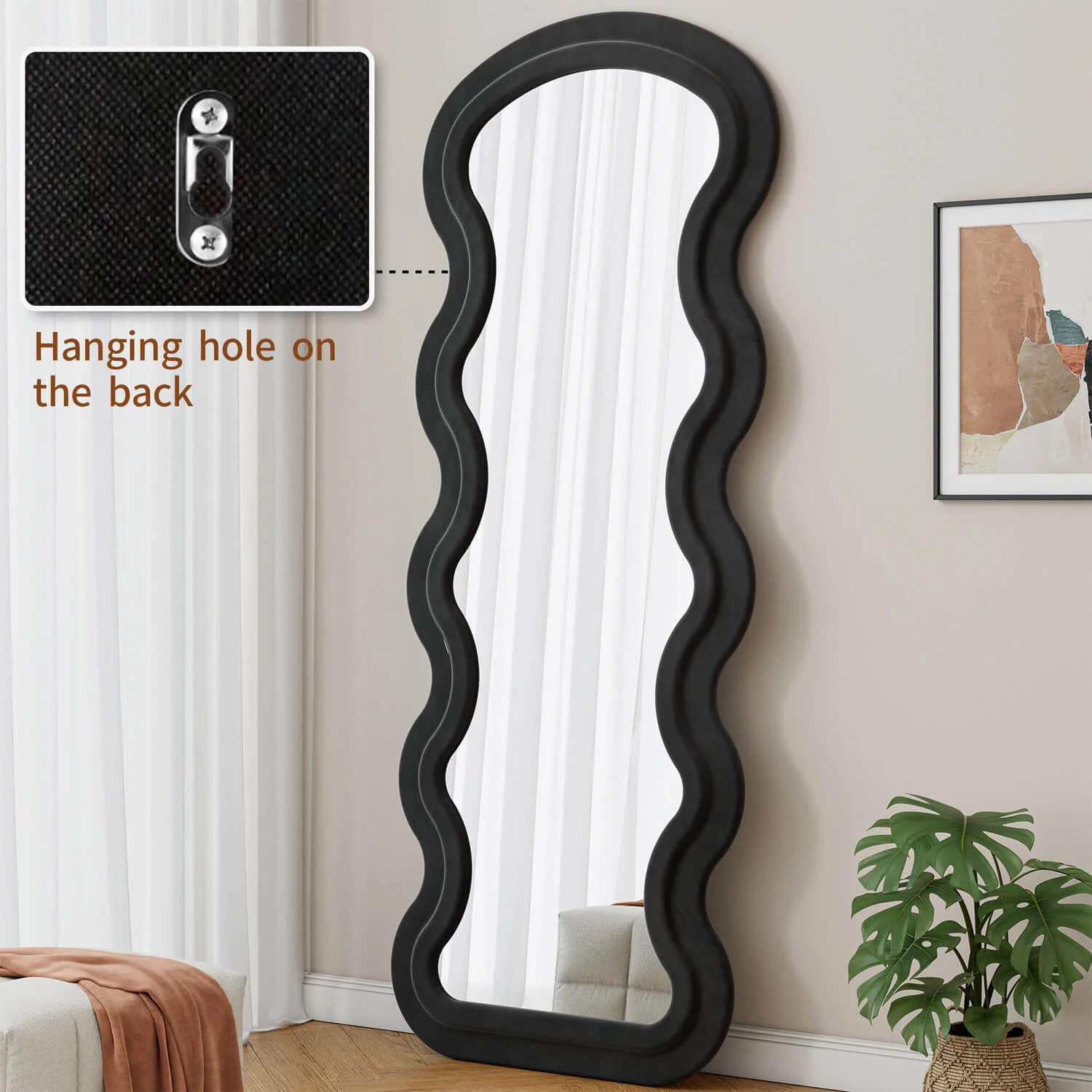 63"x24" Black Flannel Wavy Full Length Floor Mirror, Stand or Hang, Shatterproof Glass - Image 2