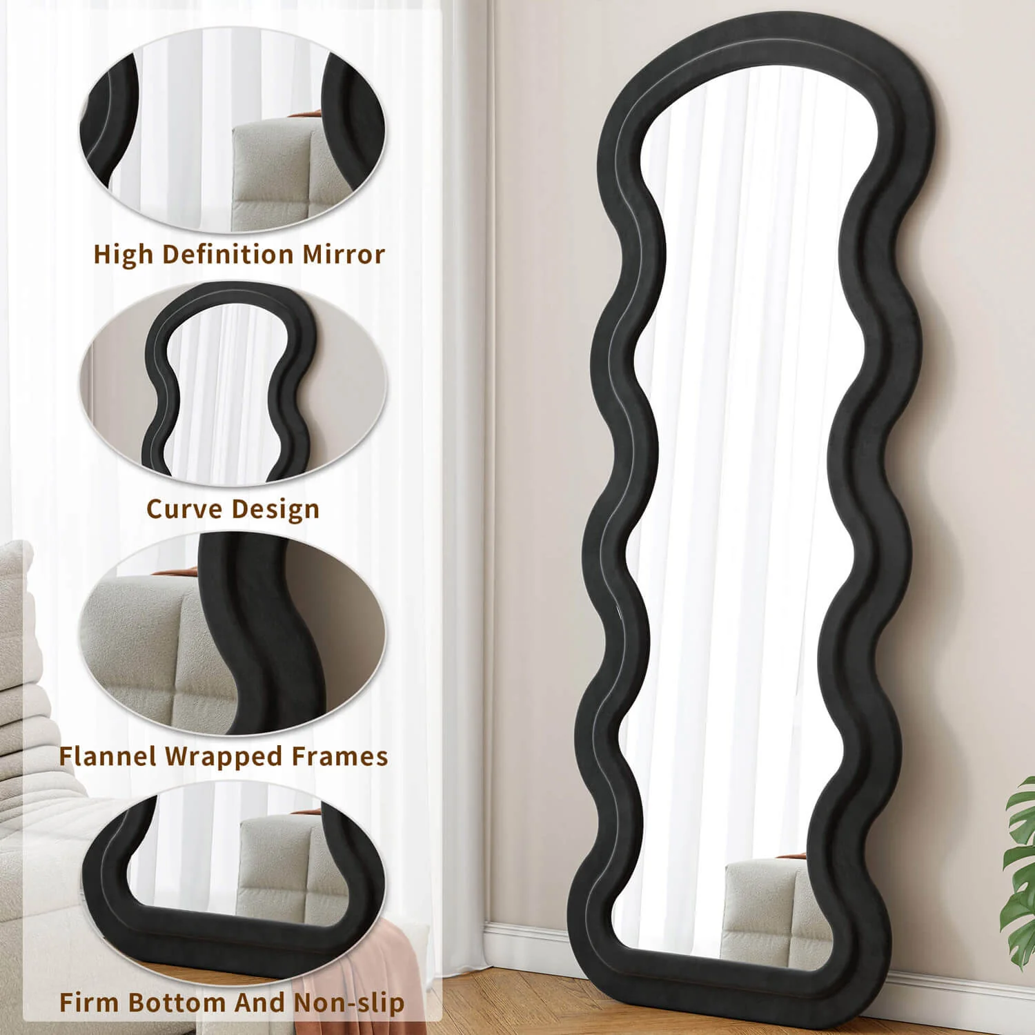 63"x24" Black Flannel Wavy Full Length Floor Mirror, Stand or Hang, Shatterproof Glass - Image 3