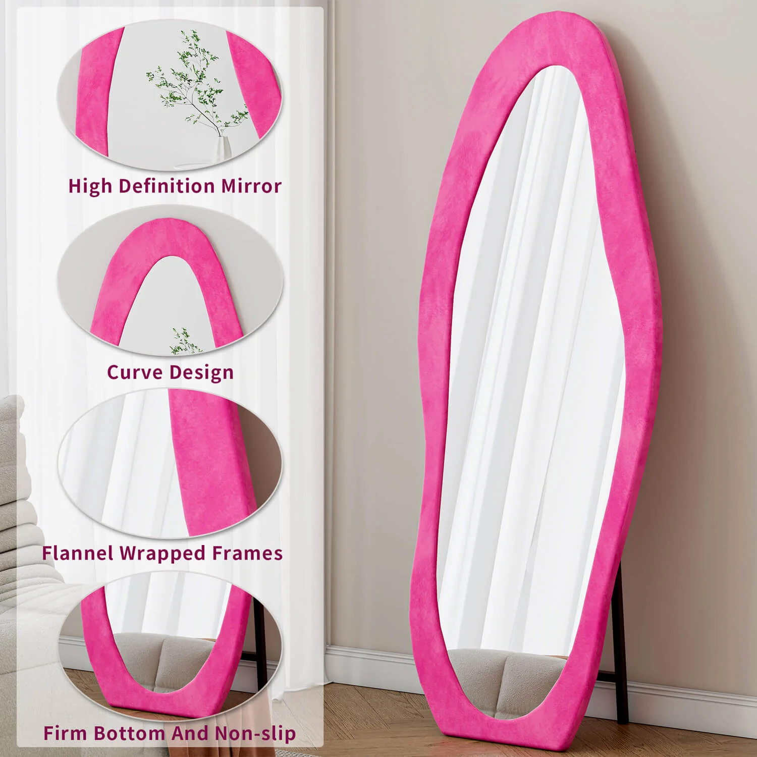 63"x24" Pink Wavy Full Length Floor Mirror with Soft Flannel Frame, Shatterproof - Image 4