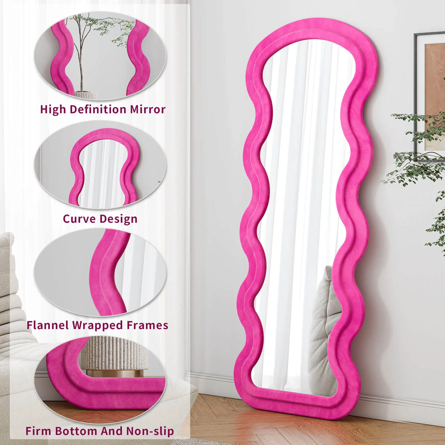 63"x24" Rose Full Length Wavy Floor Mirror with Stand & Flannel Frame, Shatterproof - Image 5