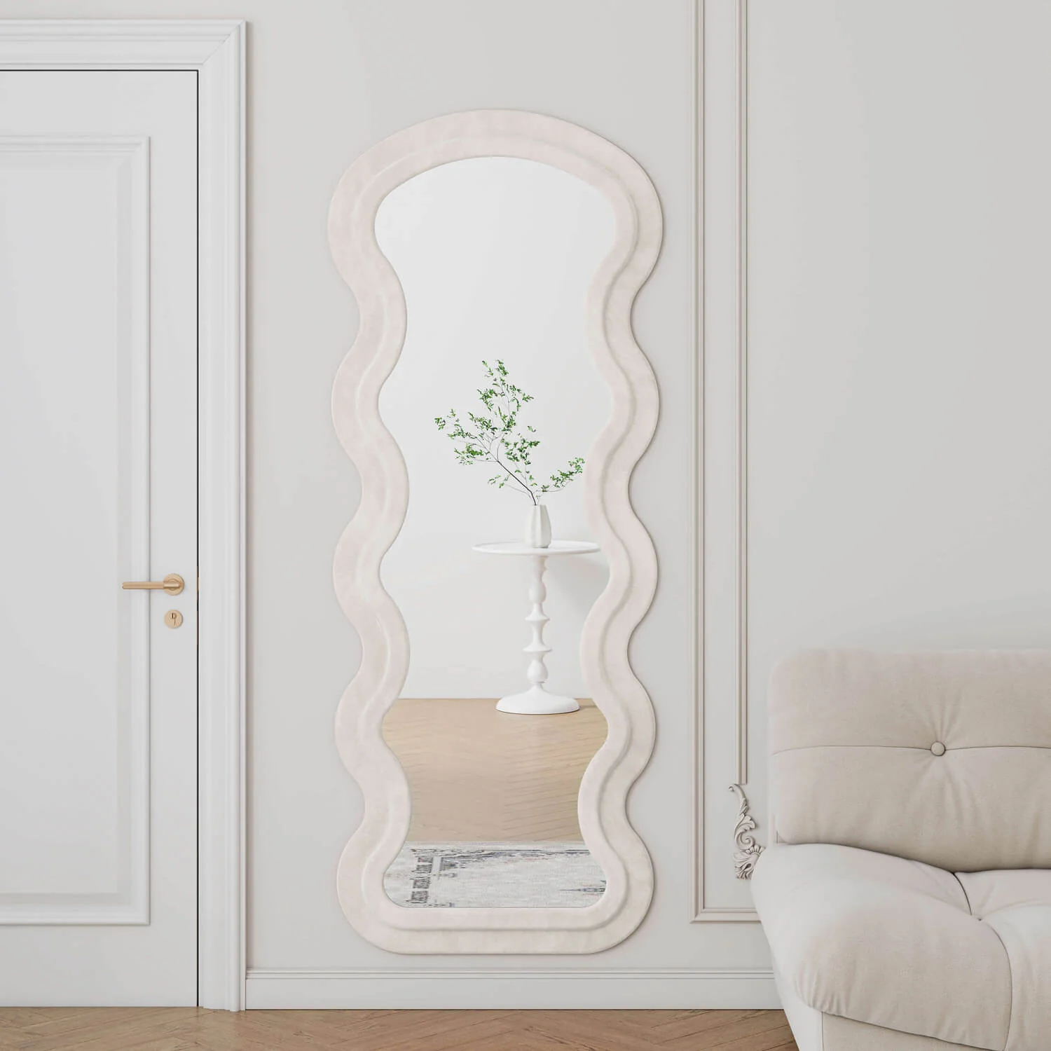 63"x24" White Flannel Wavy Full Length Floor Mirror, Stand or Hang, Shatterproof Glass - Image 3