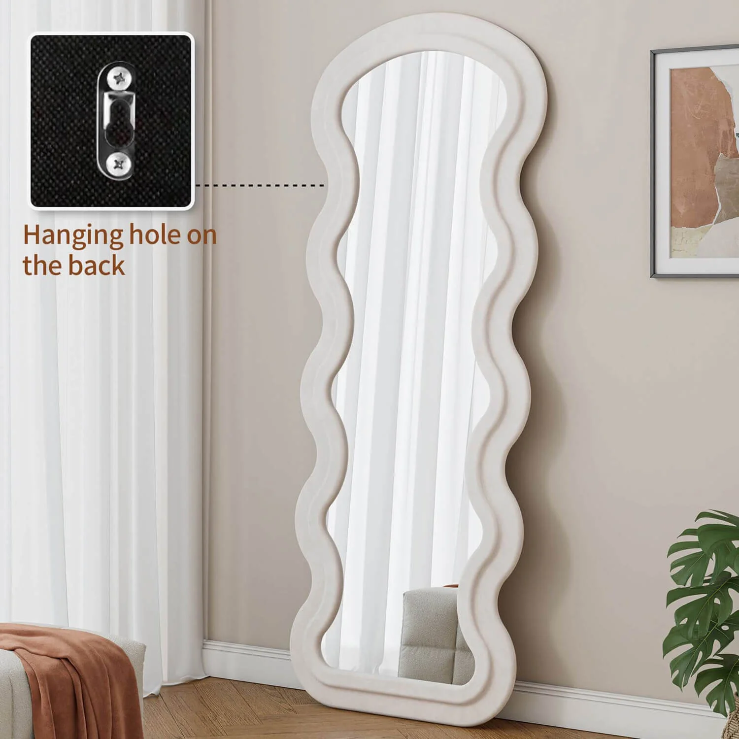 63"x24" White Flannel Wavy Full Length Floor Mirror, Stand or Hang, Shatterproof Glass - Image 4