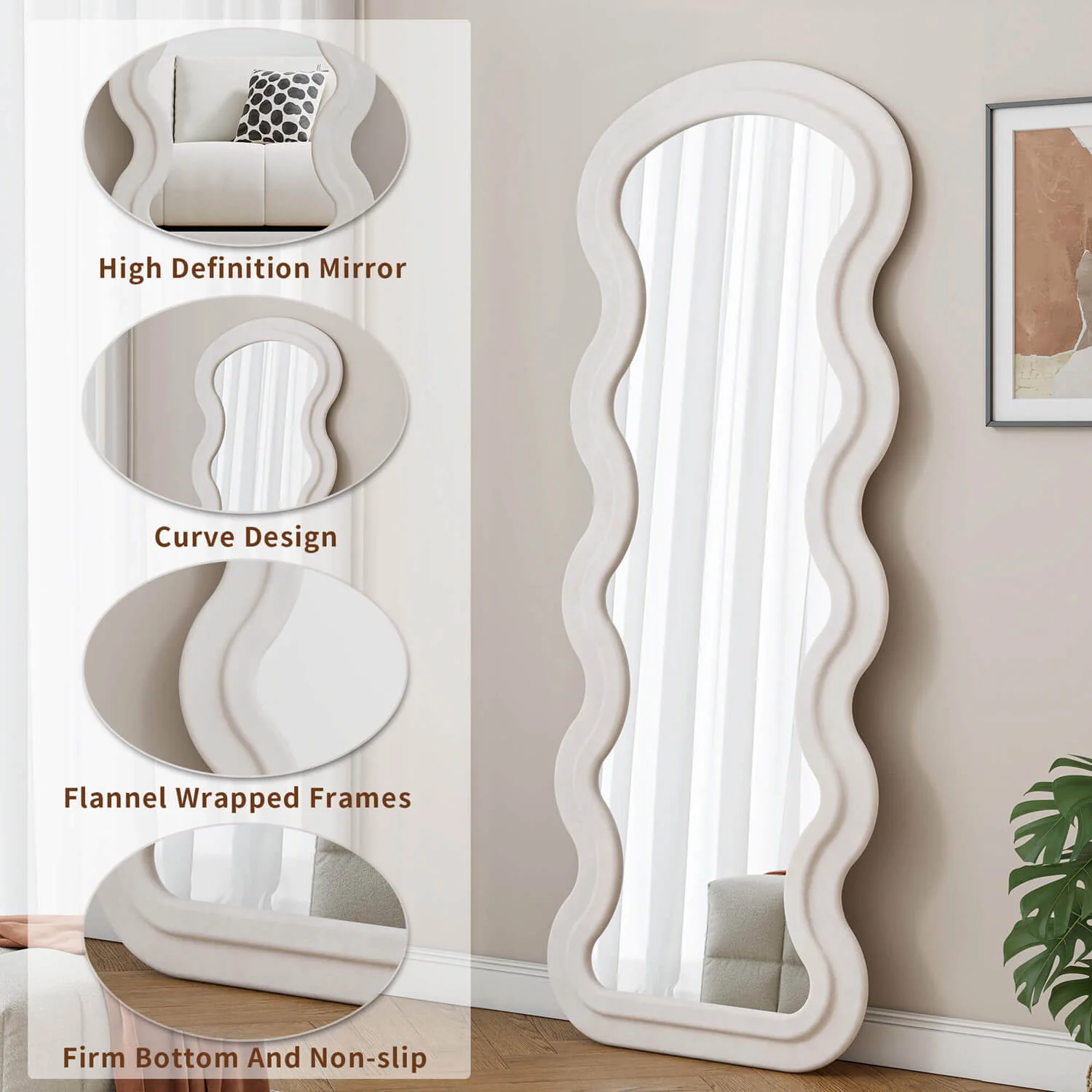 63"x24" White Flannel Wavy Full Length Floor Mirror, Stand or Hang, Shatterproof Glass - Image 5