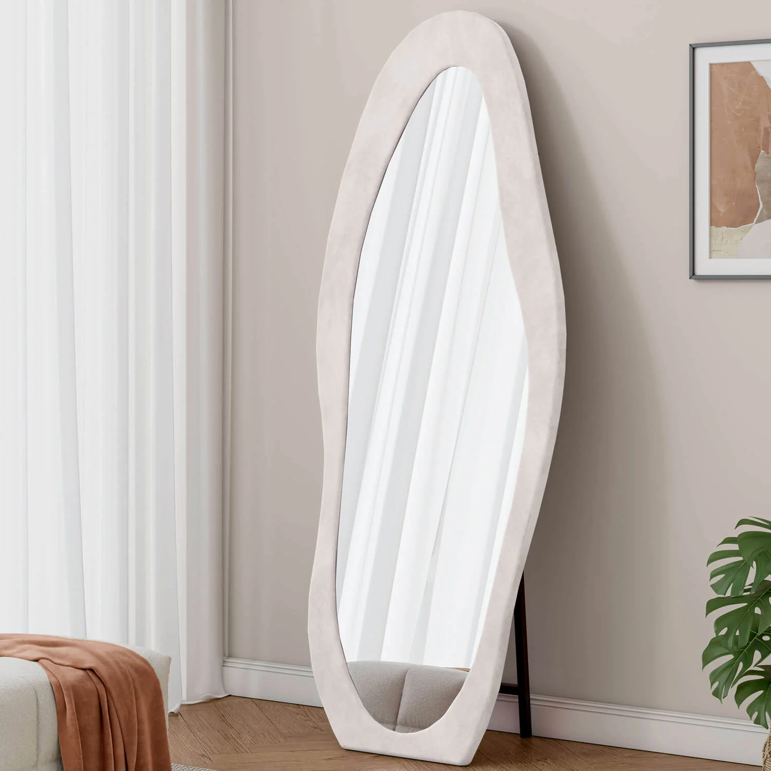 63"x24" White Wavy Full Length Floor Mirror with Soft Flannel Frame, Shatterproof