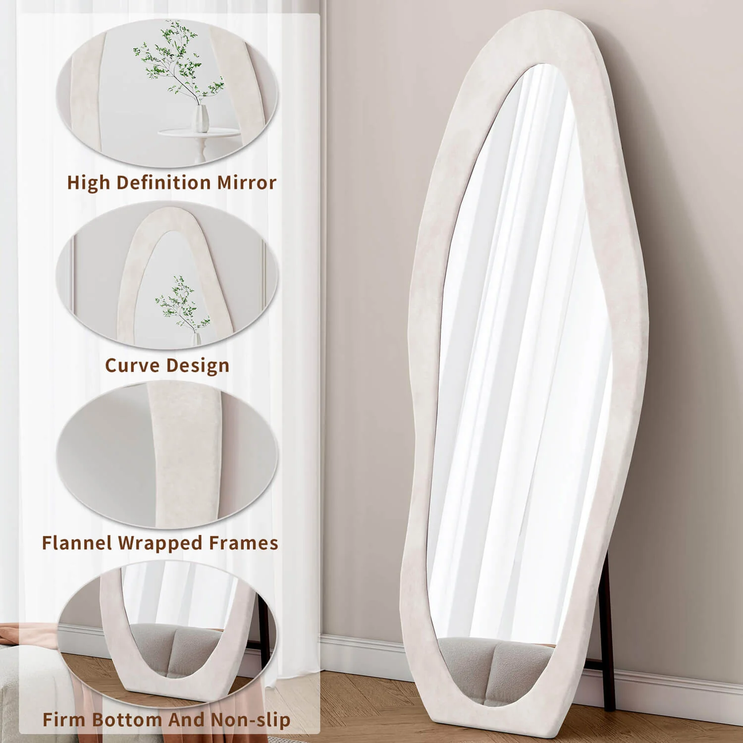 63"x24" White Wavy Full Length Floor Mirror with Soft Flannel Frame, Shatterproof - Image 4