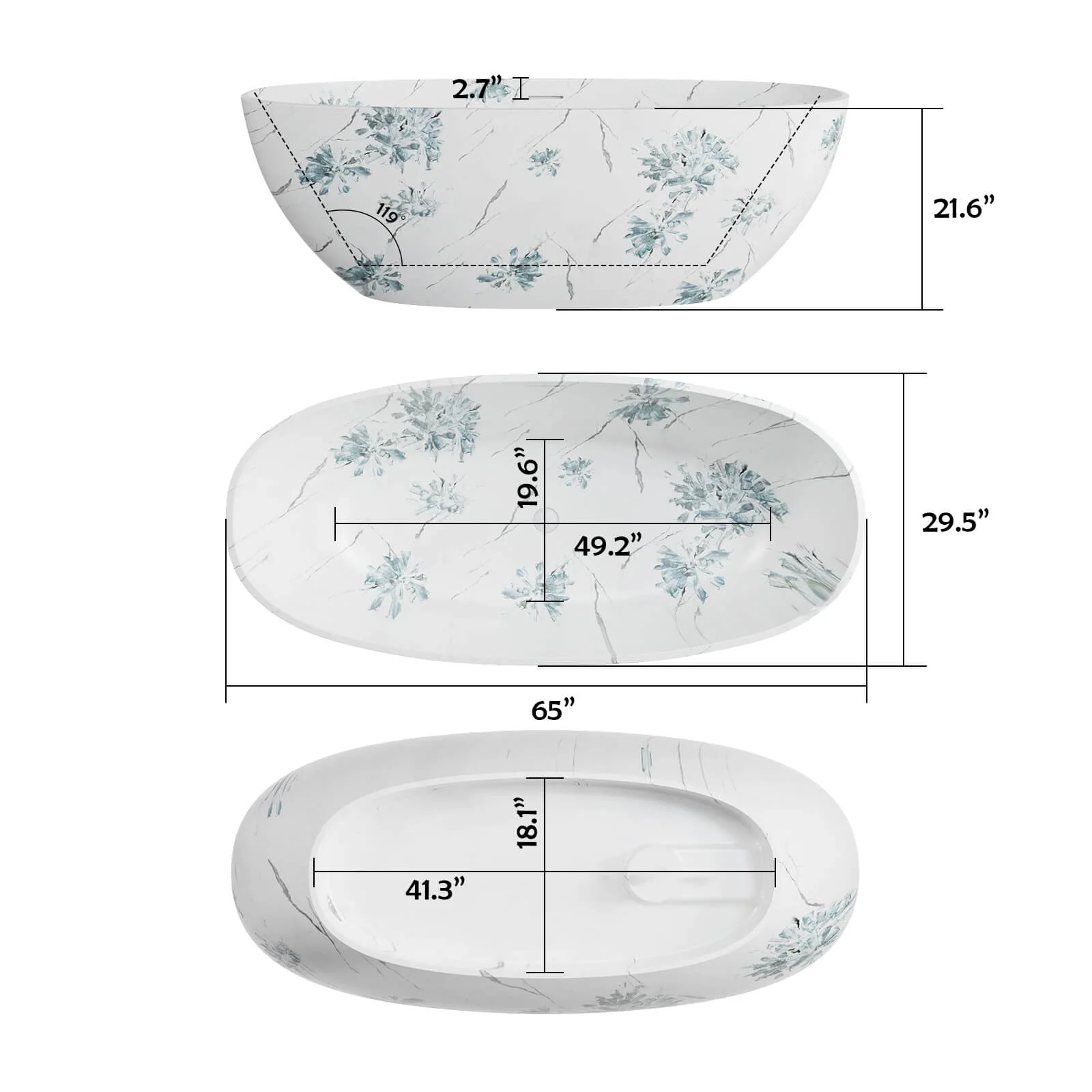 65" Floral Patterned Freestanding Tub with Stone-Inspired Art Finish - Image 12