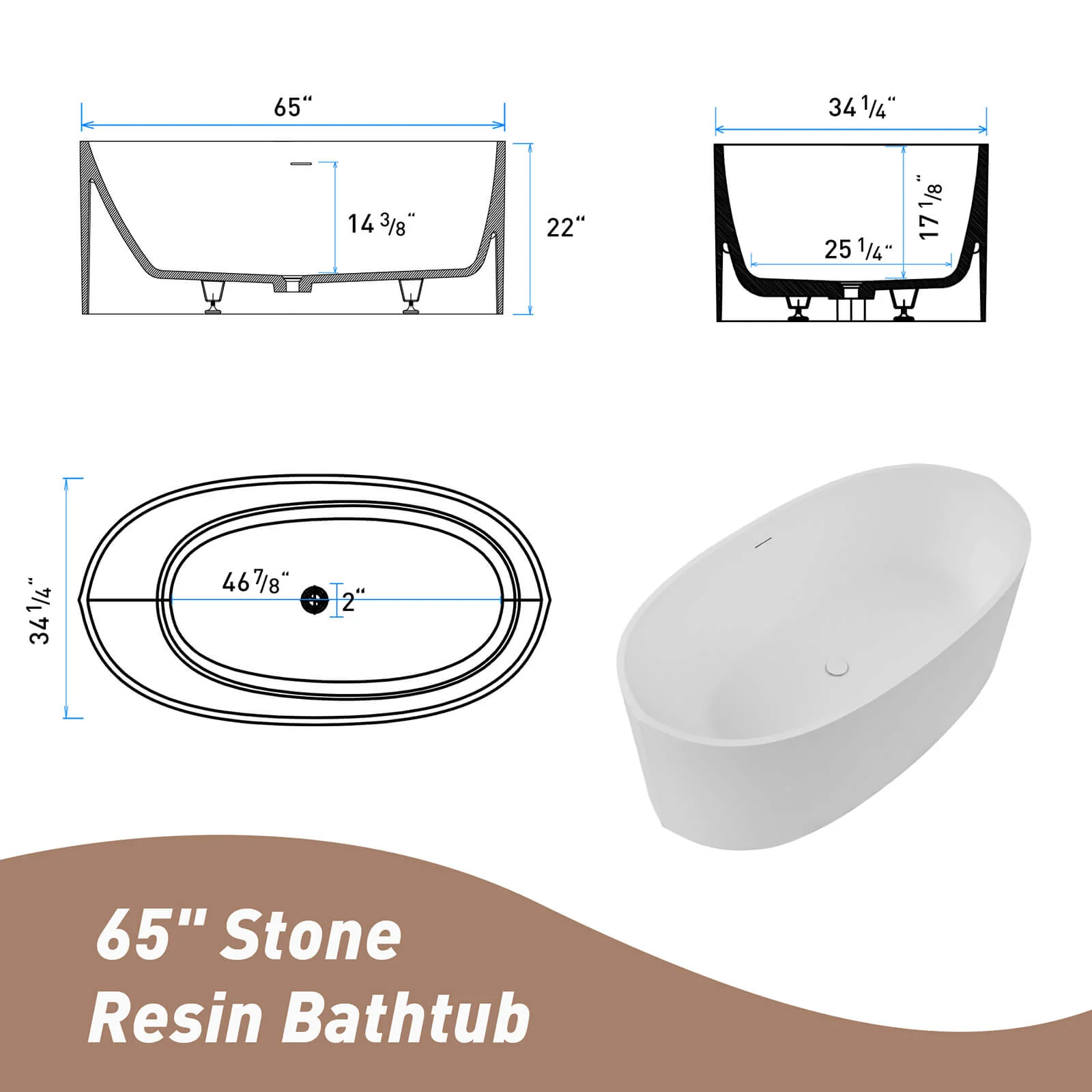65" Luxury Freestanding Stone Resin Bathtub - Image 6