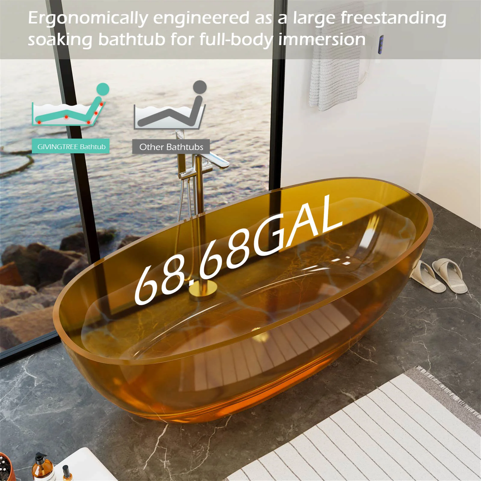 65" Orange Transparent Freestanding Resin Bathtub - Image 12