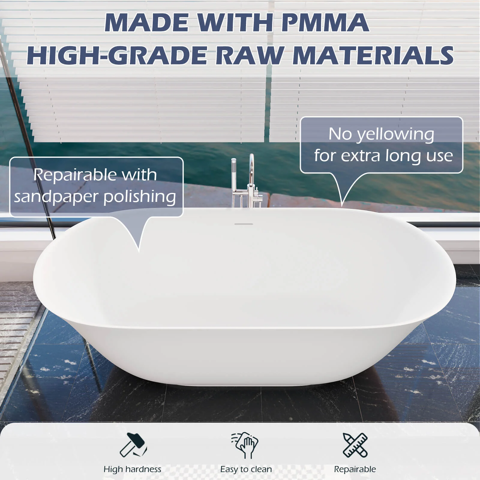 65" Silky Reclining Solid Surface Freestanding Bathtub - Image 9