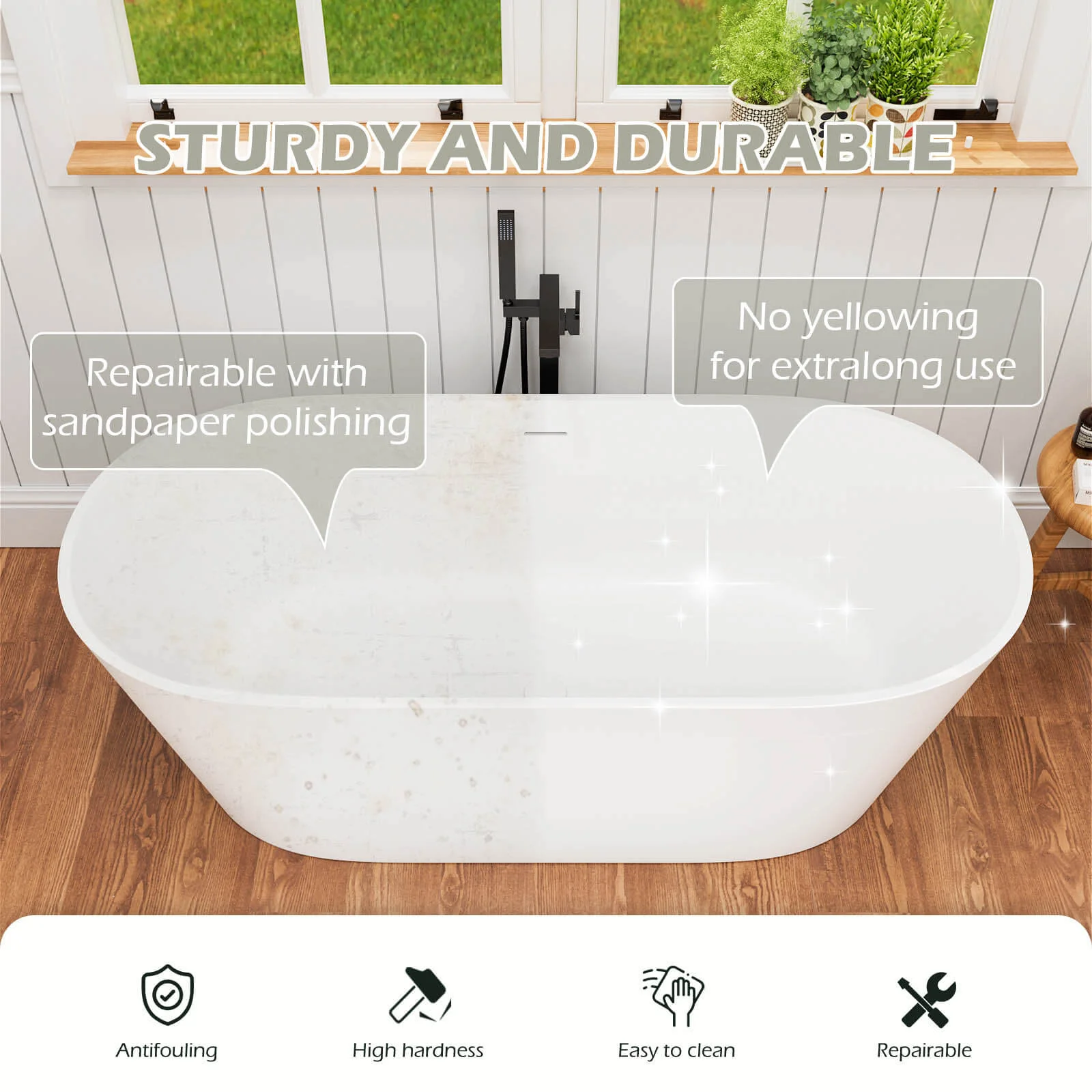 65" Stone Resin Bathtub Oval-shaped Solid Surface Stand Alone Tub with Pop-up Drain - Image 10