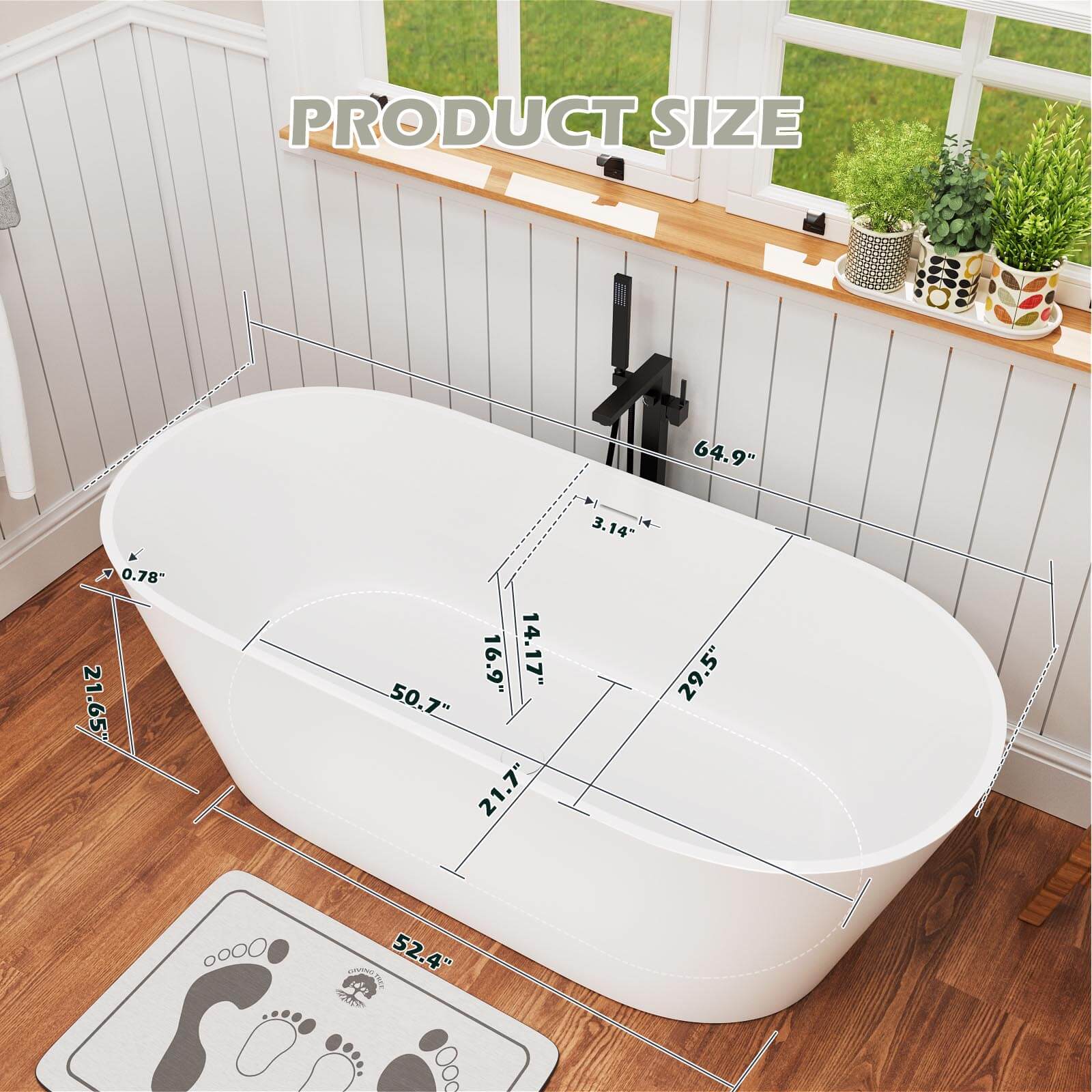 65" Stone Resin Bathtub Oval-shaped Solid Surface Stand Alone Tub with Pop-up Drain - Image 11