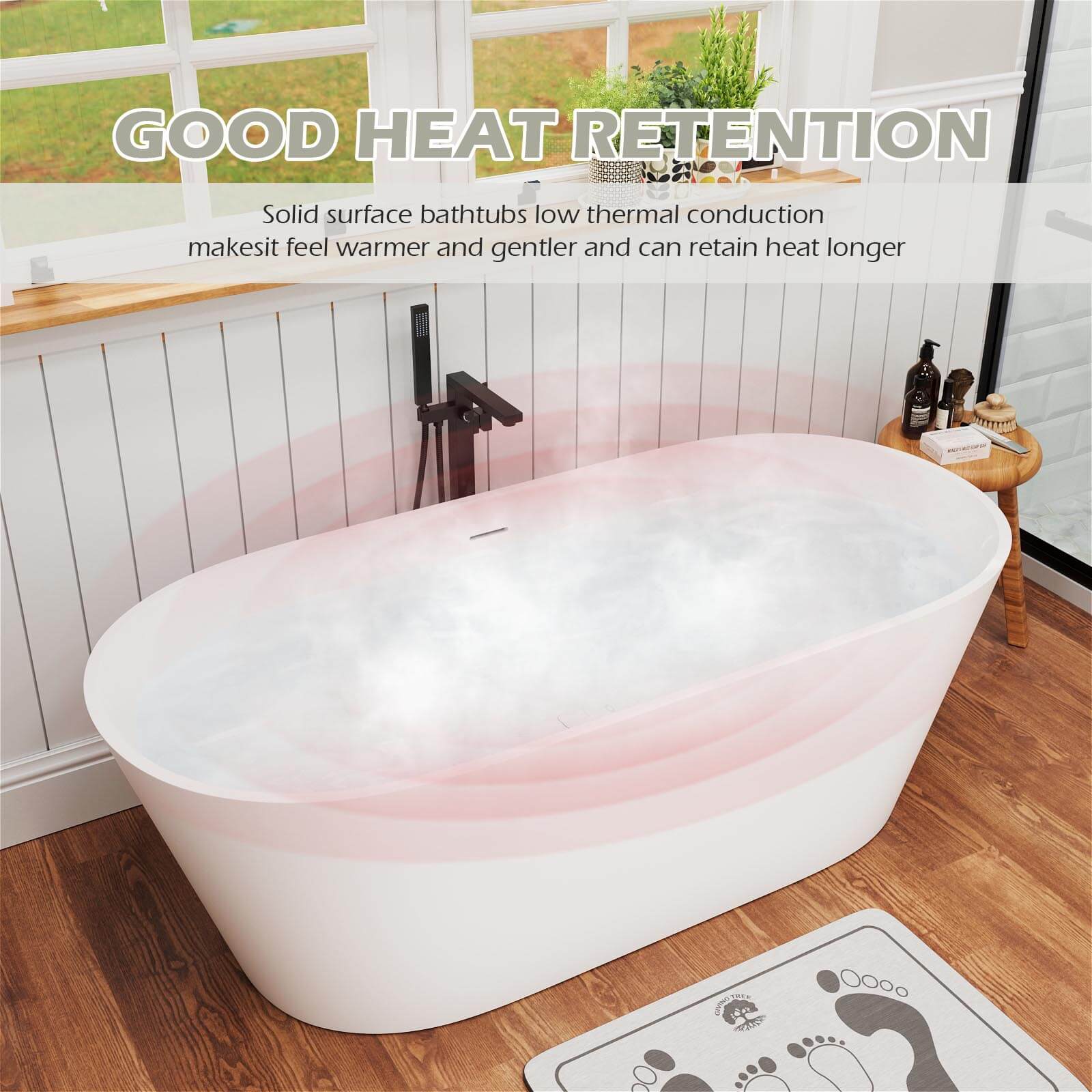 65" Stone Resin Bathtub Oval-shaped Solid Surface Stand Alone Tub with Pop-up Drain - Image 12