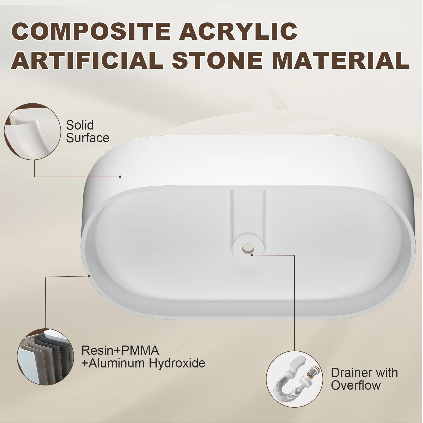 65" Stone Resin Bathtub Oval-shaped Solid Surface Stand Alone Tub with Pop-up Drain - Image 13