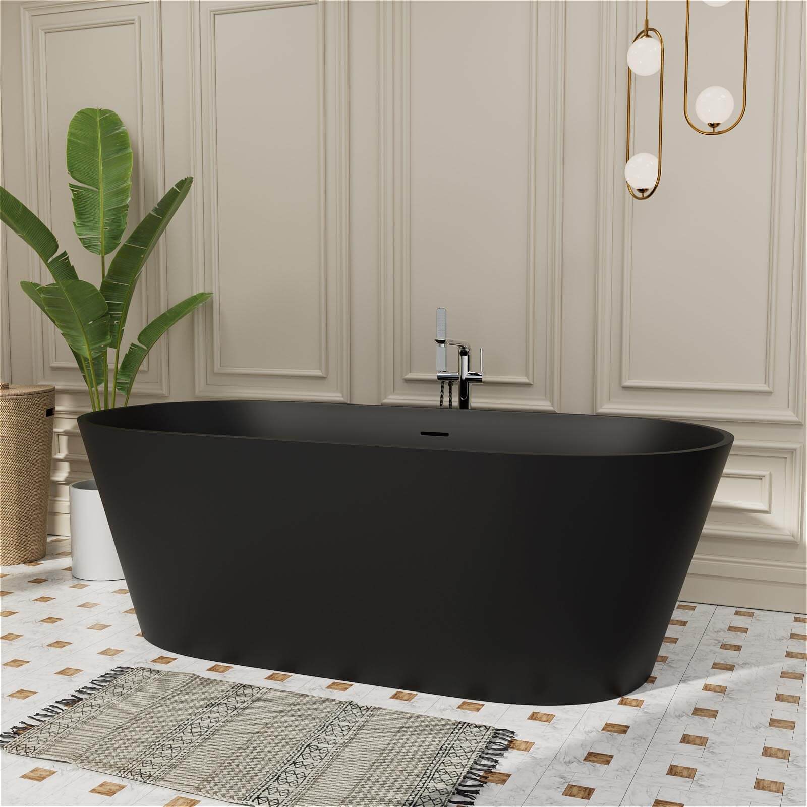 65" Stone Resin Bathtub Oval-shaped Solid Surface Stand Alone Tub with Pop-up Drain - Image 15