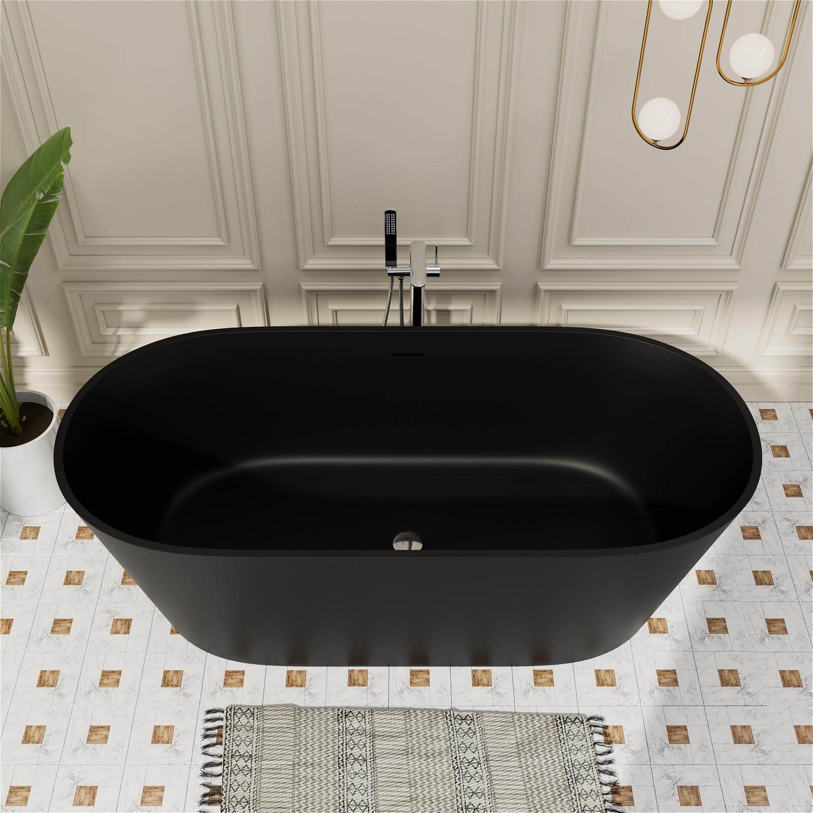 65" Stone Resin Bathtub Oval-shaped Solid Surface Stand Alone Tub with Pop-up Drain - Image 16