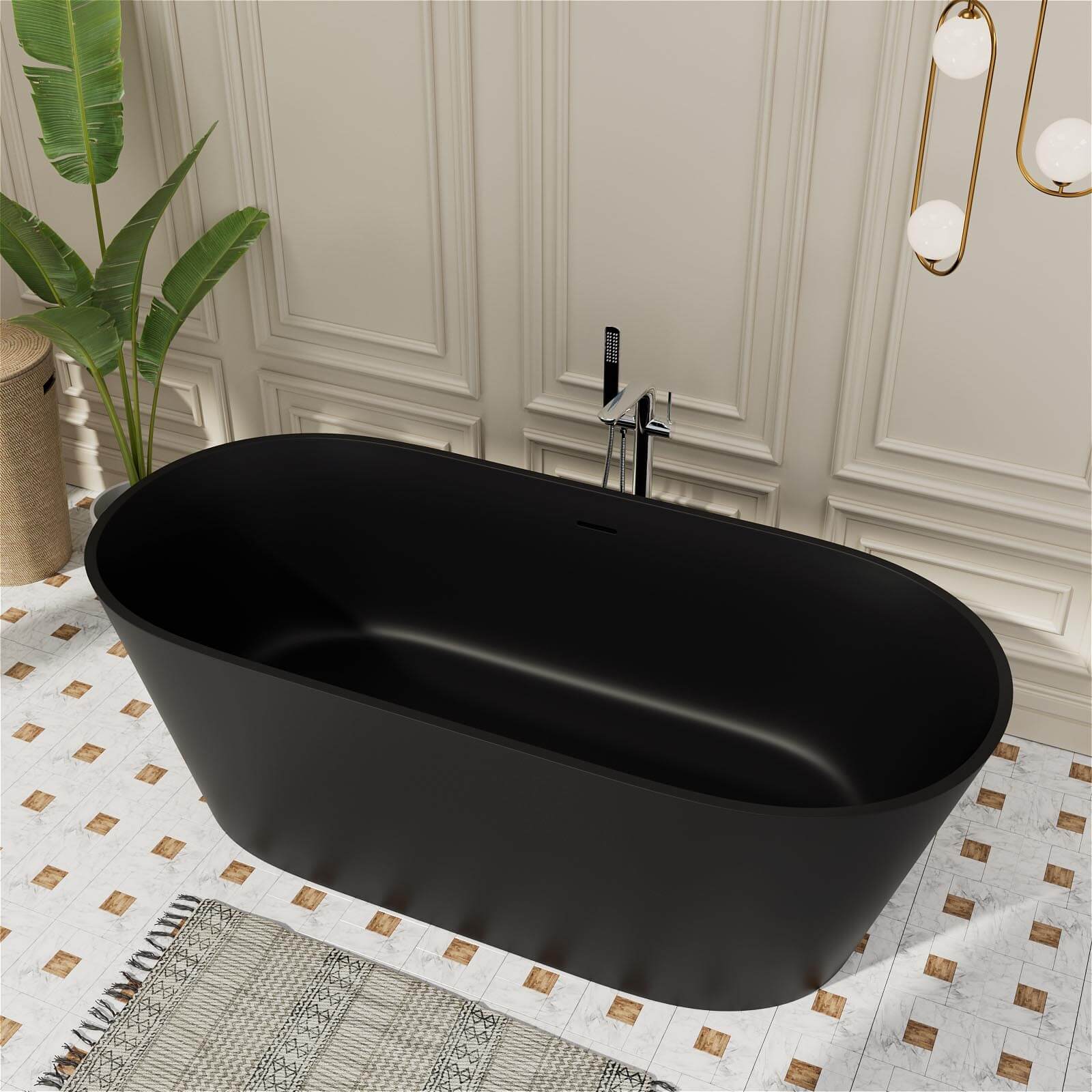 65" Stone Resin Bathtub Oval-shaped Solid Surface Stand Alone Tub with Pop-up Drain - Image 17