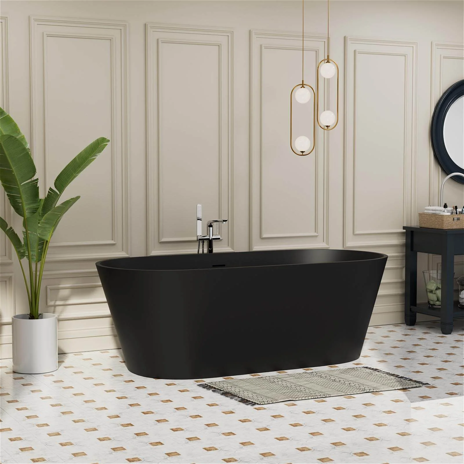 65" Stone Resin Bathtub Oval-shaped Solid Surface Stand Alone Tub with Pop-up Drain - Image 18