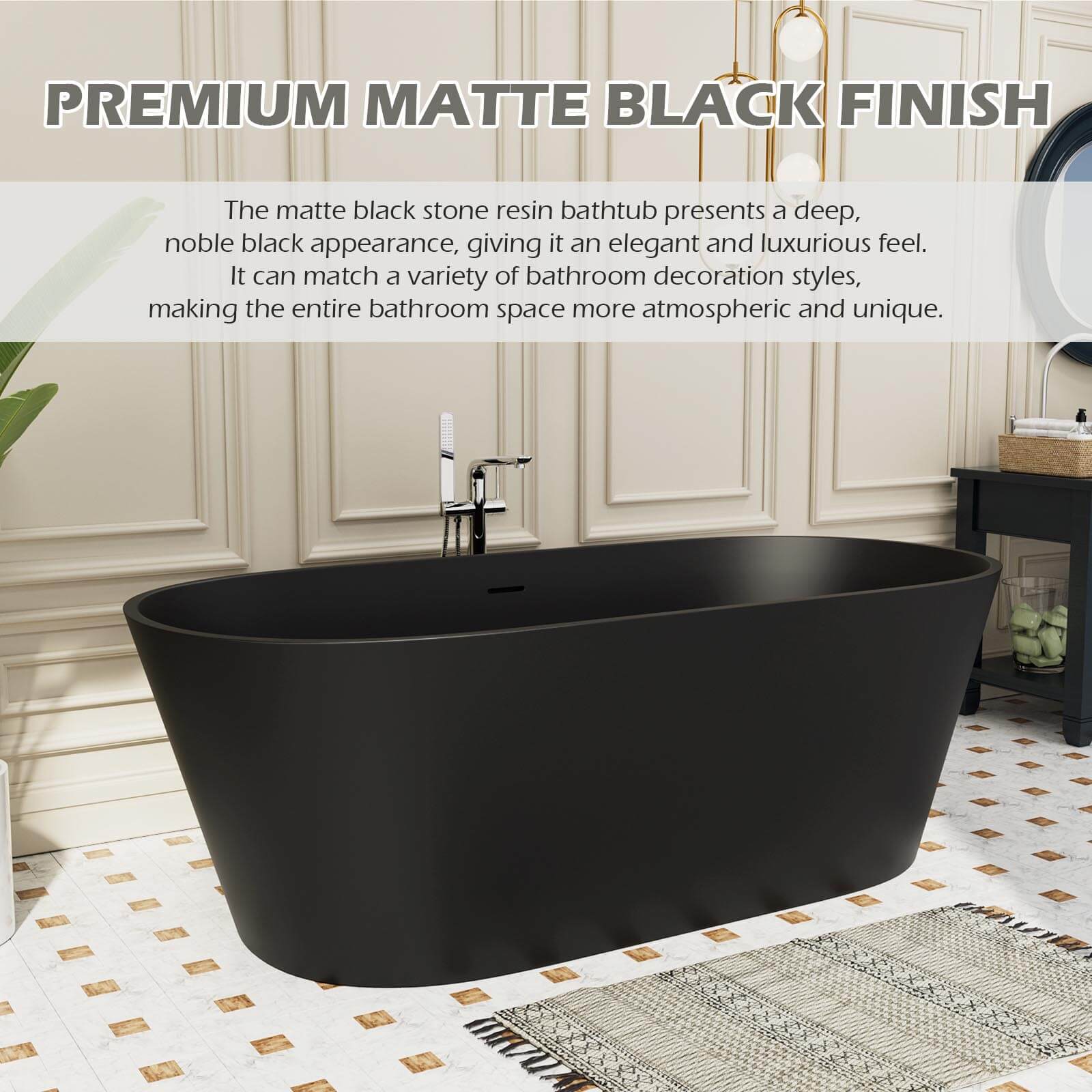 65" Stone Resin Bathtub Oval-shaped Solid Surface Stand Alone Tub with Pop-up Drain - Image 19