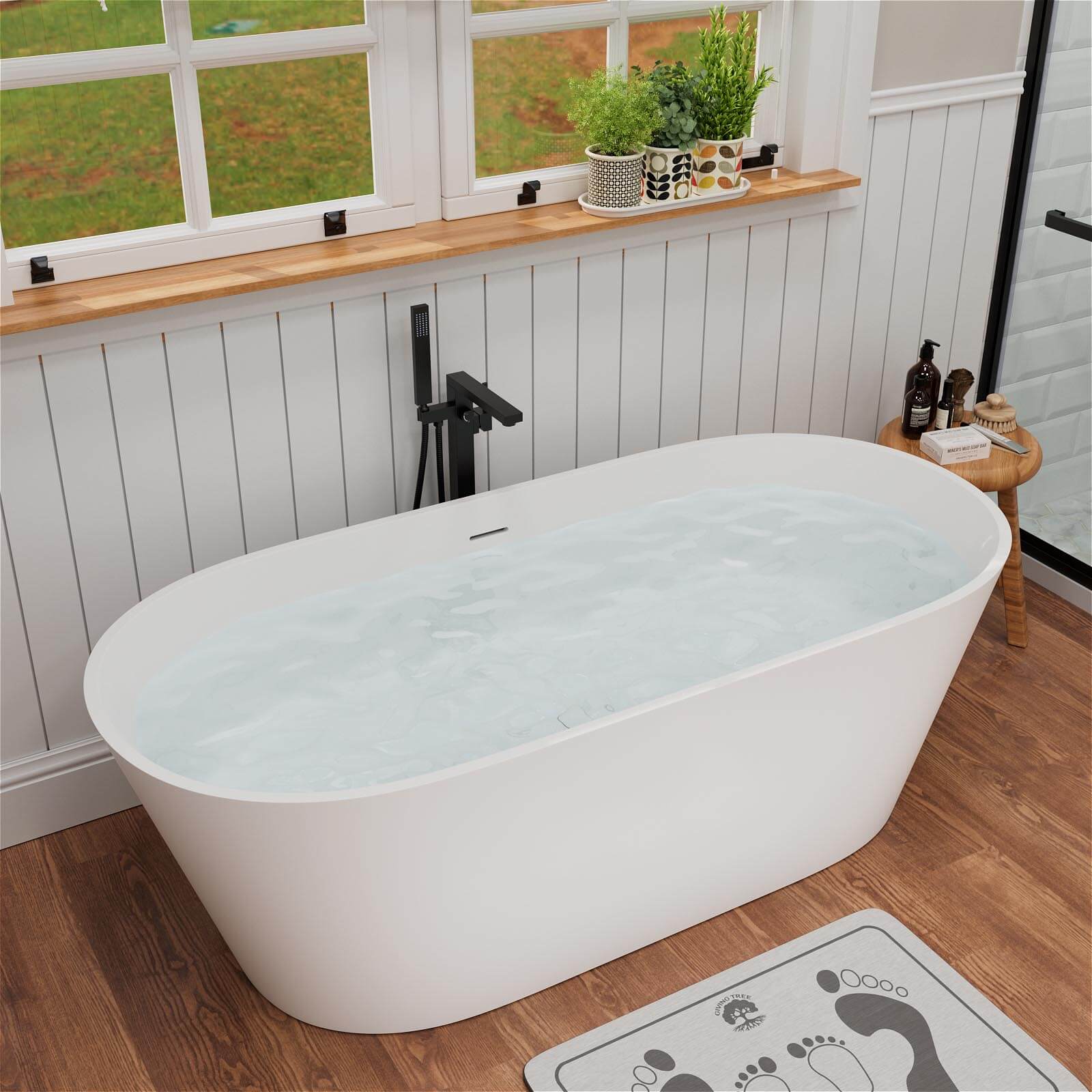 65" Stone Resin Bathtub Oval-shaped Solid Surface Stand Alone Tub with Pop-up Drain - Image 2