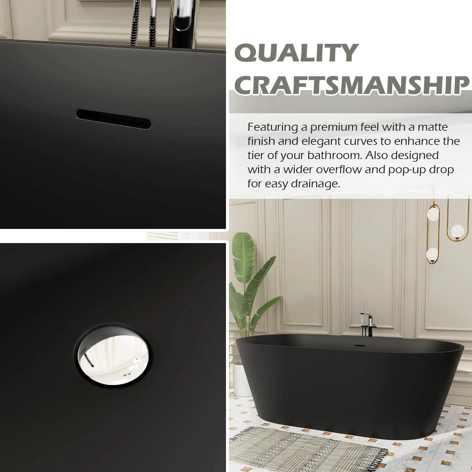 65" Stone Resin Bathtub Oval-shaped Solid Surface Stand Alone Tub with Pop-up Drain - Image 20