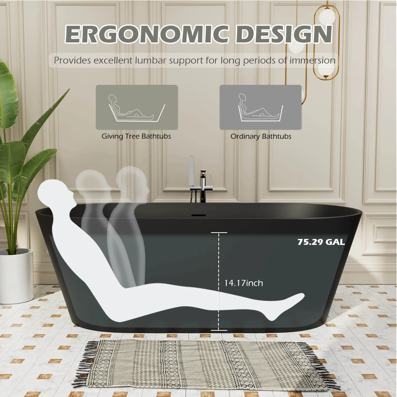 65" Stone Resin Bathtub Oval-shaped Solid Surface Stand Alone Tub with Pop-up Drain - Image 21