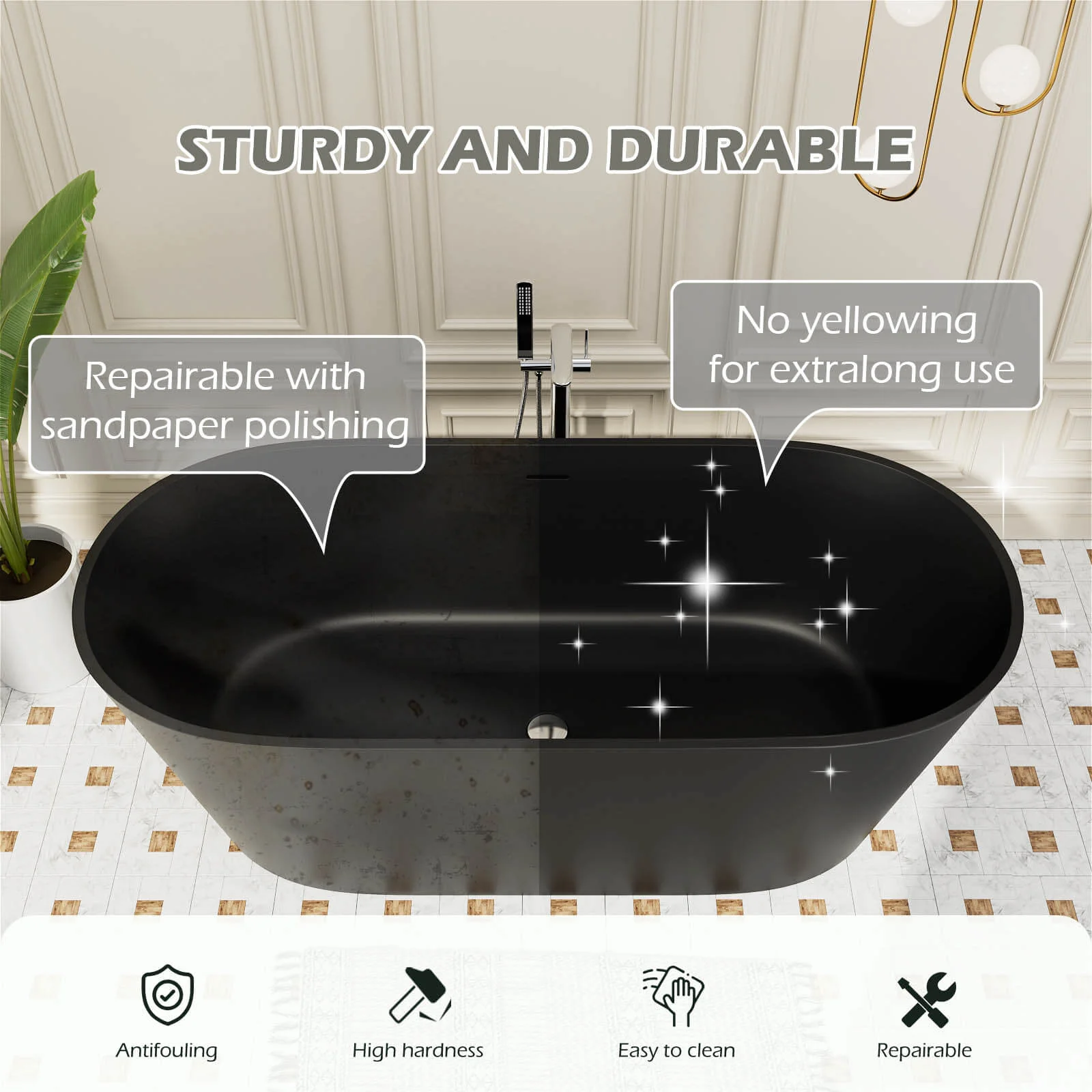 65" Stone Resin Bathtub Oval-shaped Solid Surface Stand Alone Tub with Pop-up Drain - Image 22