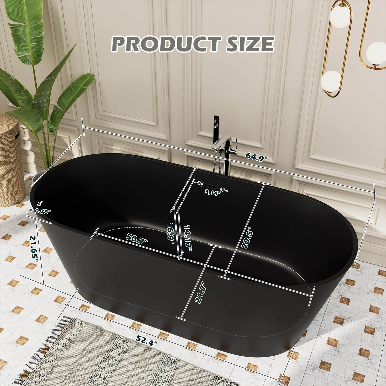 65" Stone Resin Bathtub Oval-shaped Solid Surface Stand Alone Tub with Pop-up Drain - Image 23