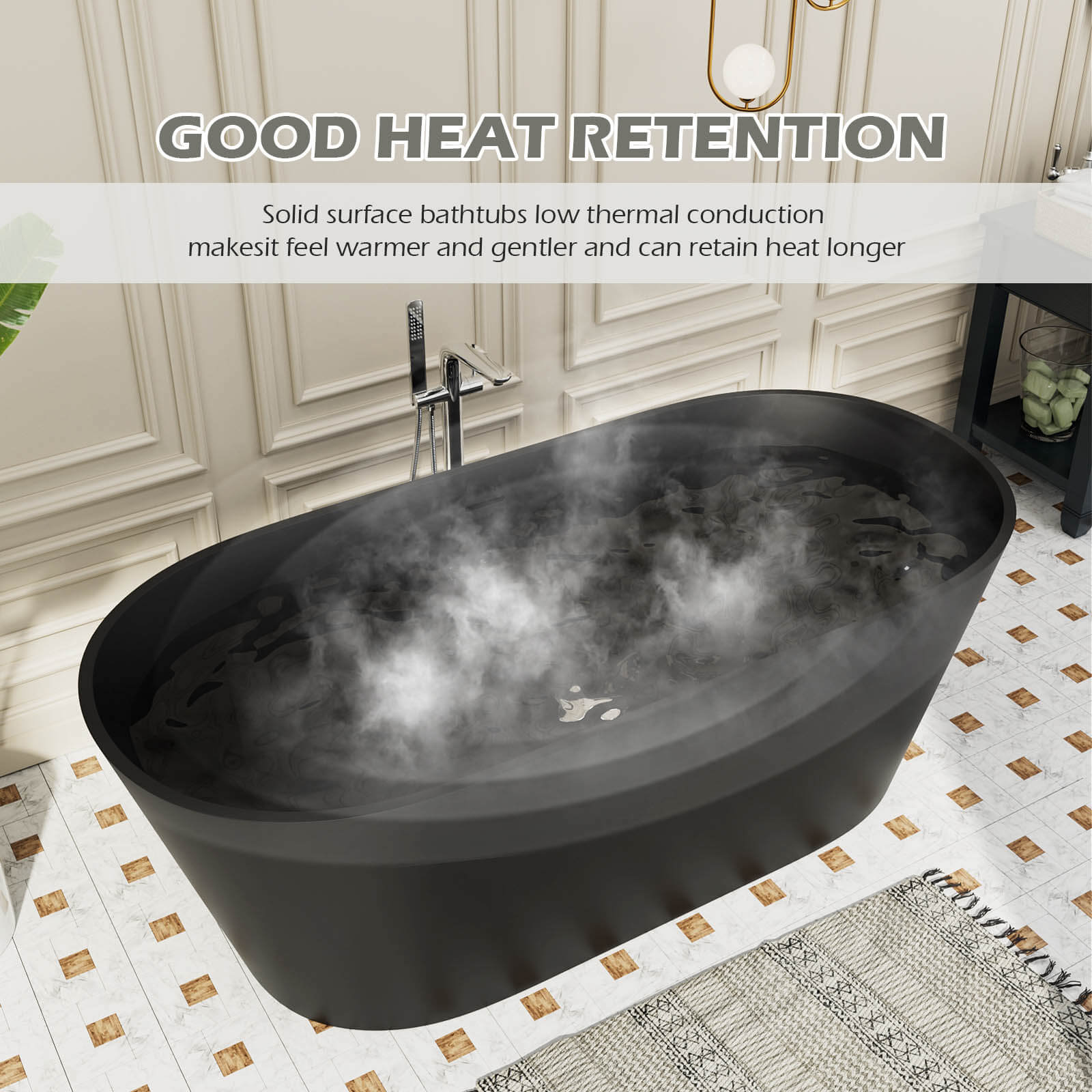 65" Stone Resin Bathtub Oval-shaped Solid Surface Stand Alone Tub with Pop-up Drain - Image 24