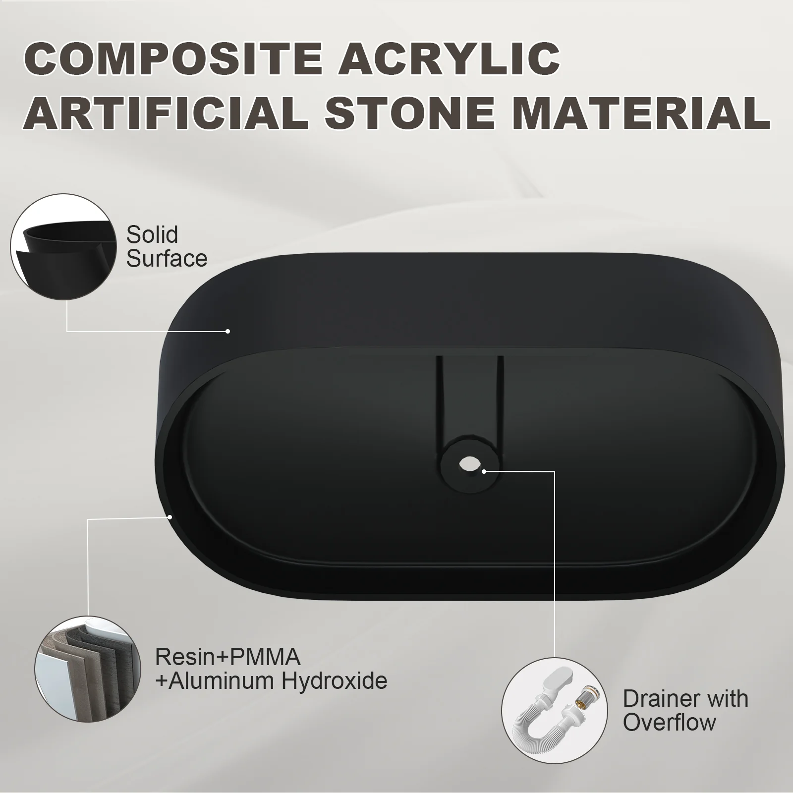 65" Stone Resin Bathtub Oval-shaped Solid Surface Stand Alone Tub with Pop-up Drain - Image 25
