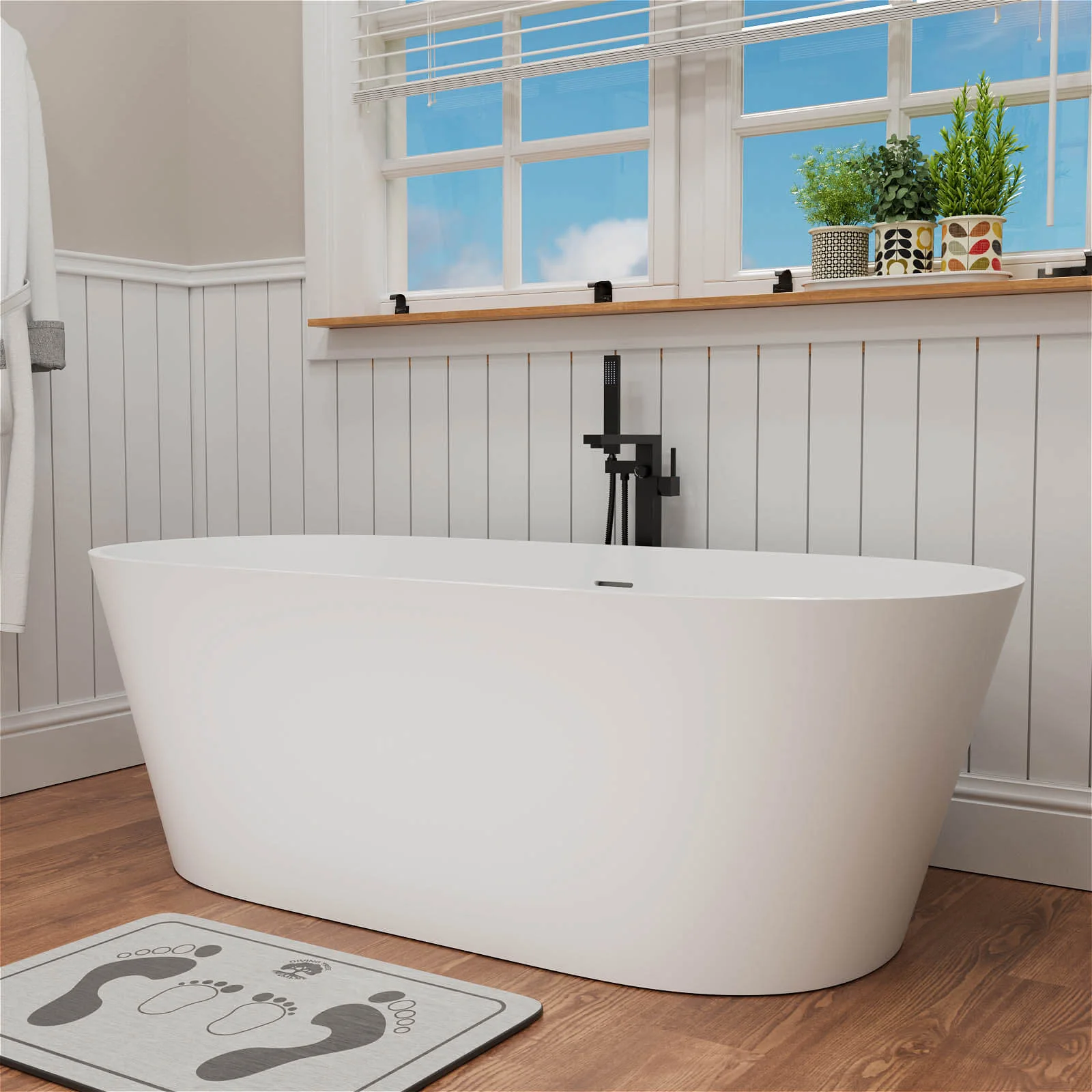 65" Stone Resin Bathtub Oval-shaped Solid Surface Stand Alone Tub with Pop-up Drain - Image 3