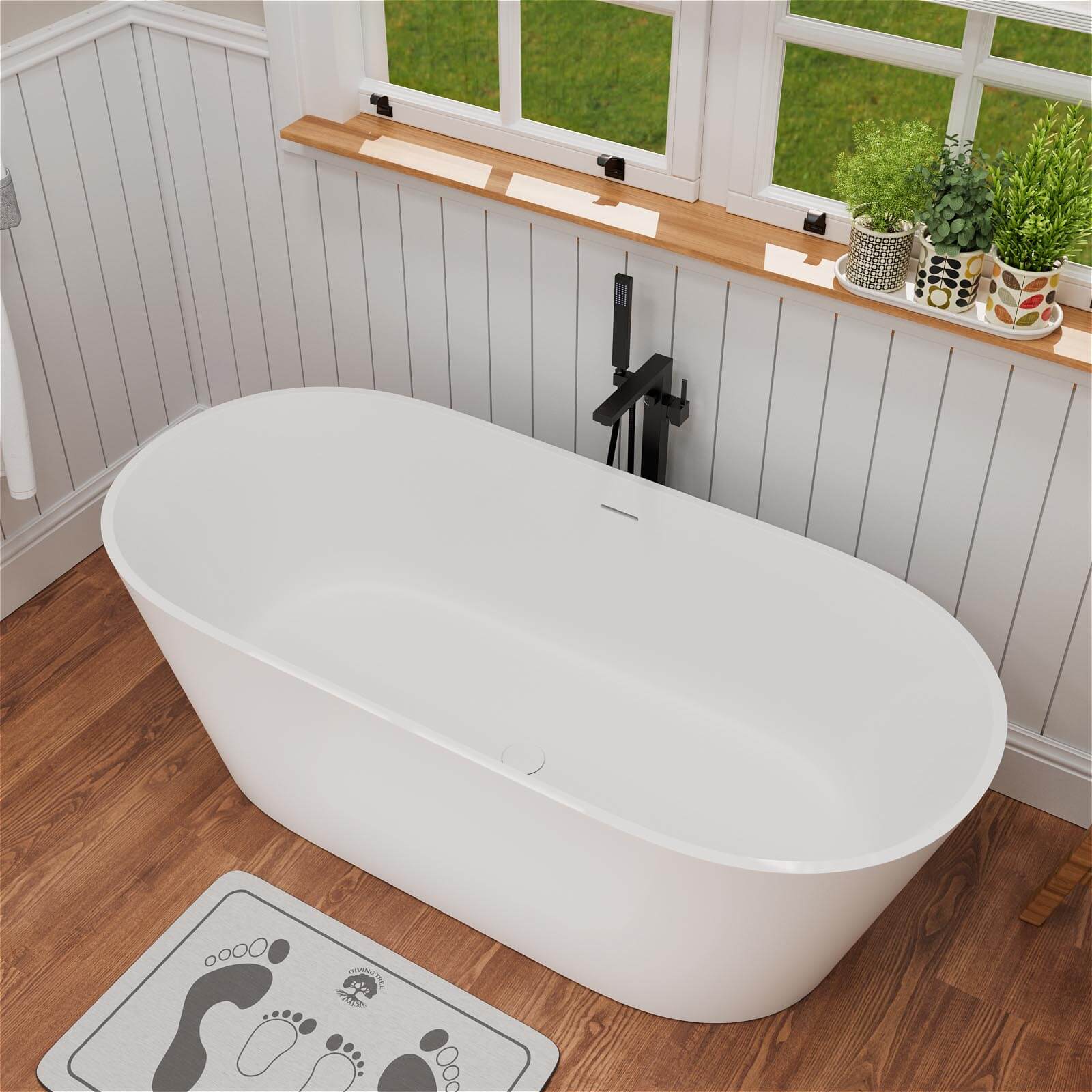 65" Stone Resin Bathtub Oval-shaped Solid Surface Stand Alone Tub with Pop-up Drain - Image 4