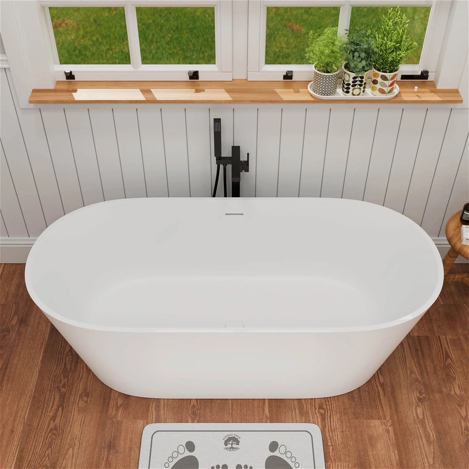 65" Stone Resin Bathtub Oval-shaped Solid Surface Stand Alone Tub with Pop-up Drain - Image 5
