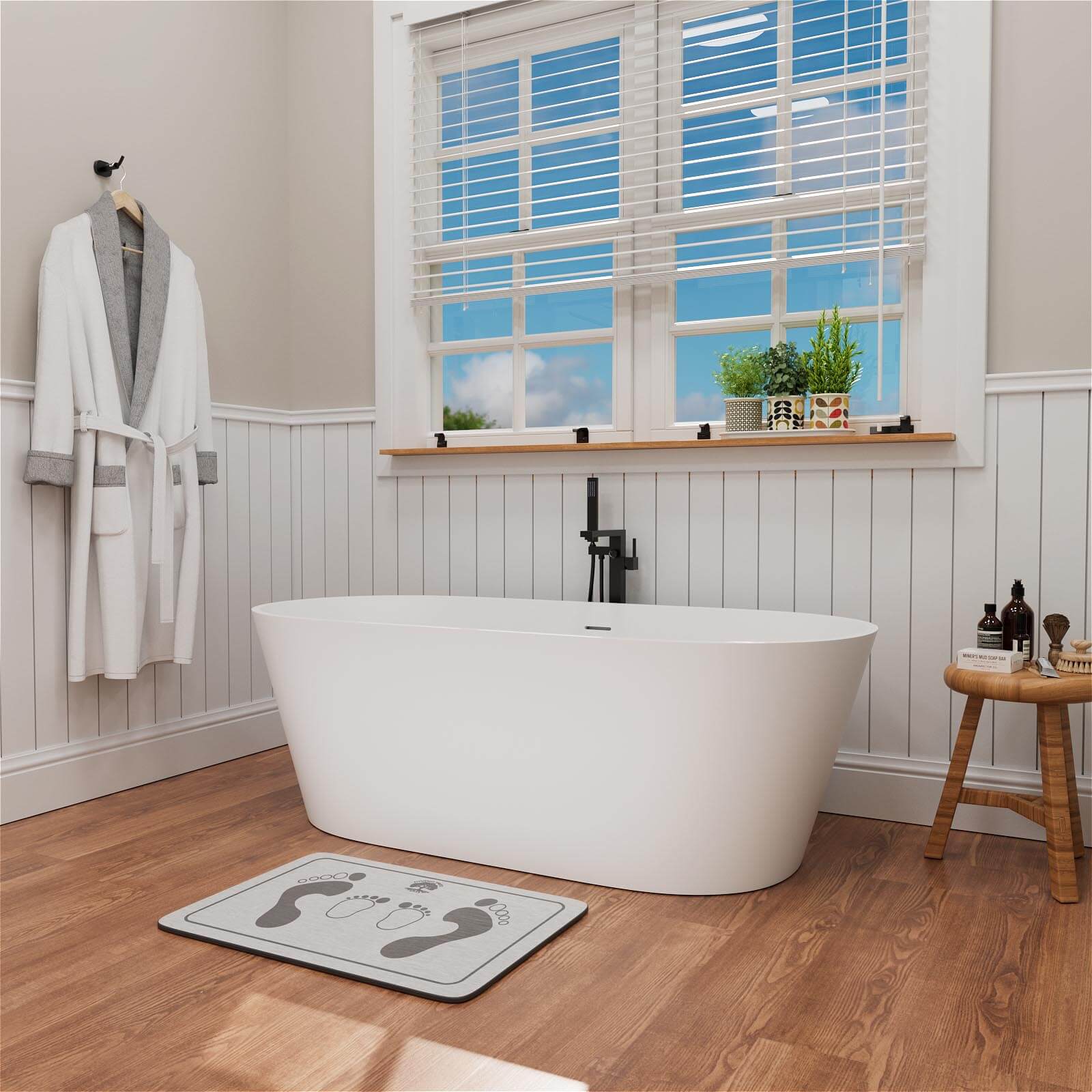 65" Stone Resin Bathtub Oval-shaped Solid Surface Stand Alone Tub with Pop-up Drain - Image 6