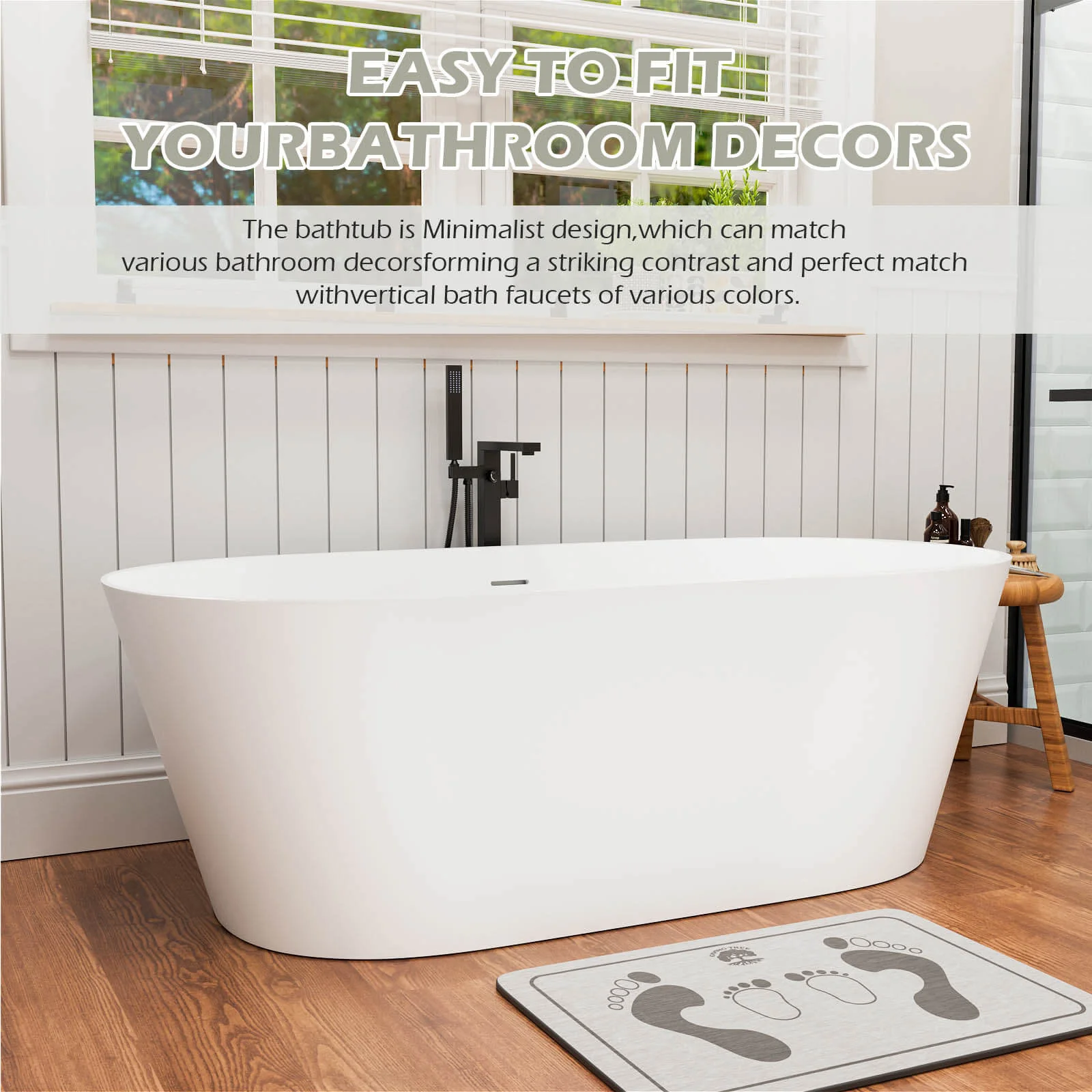 65" Stone Resin Bathtub Oval-shaped Solid Surface Stand Alone Tub with Pop-up Drain - Image 7