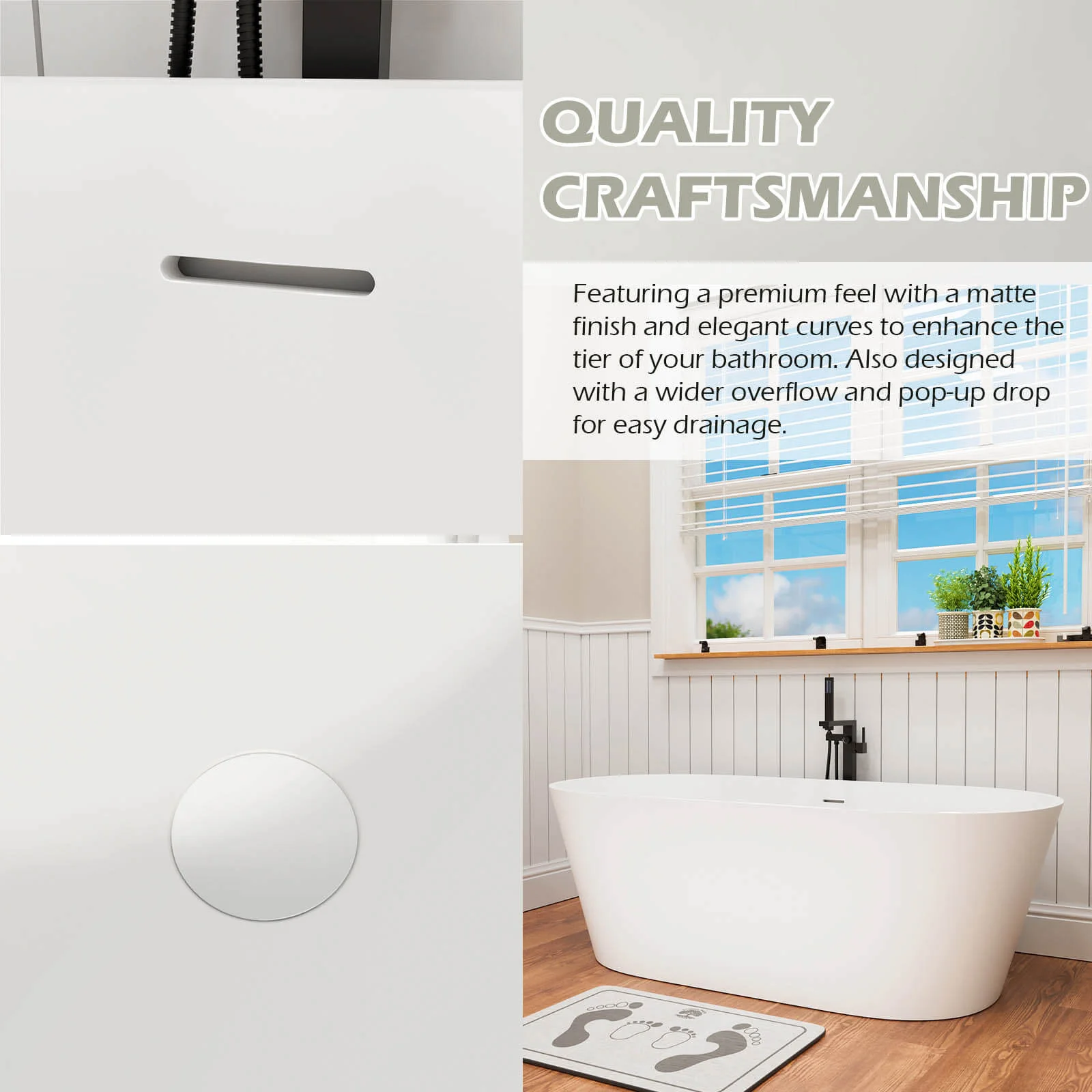 65" Stone Resin Bathtub Oval-shaped Solid Surface Stand Alone Tub with Pop-up Drain - Image 9