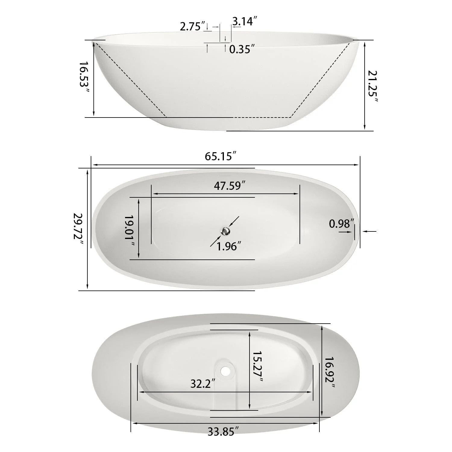 65" Modern Oval Tub Solid Surface Stone Resin Freestanding Soaking Bathtub with Tub Tray - Image 13