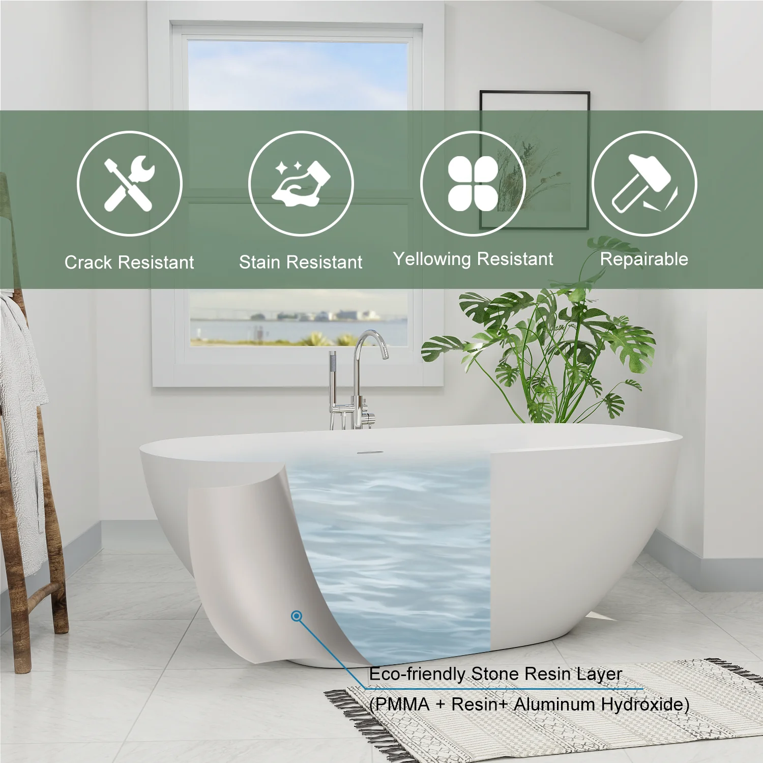 65" Modern Oval Tub Solid Surface Stone Resin Freestanding Soaking Bathtub with Tub Tray - Image 7