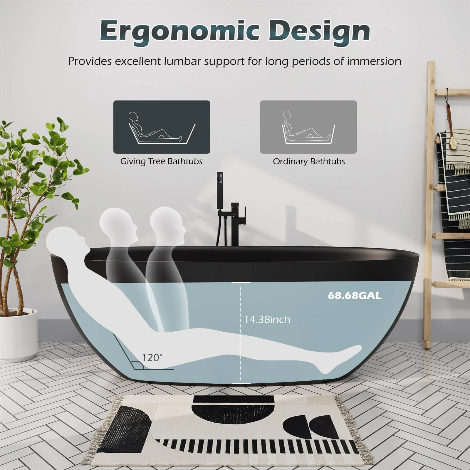 65" Solid Surface Stone Resin Modern Oval Shaped Freestanding Soaking Bathtub with Overflow - Image 10