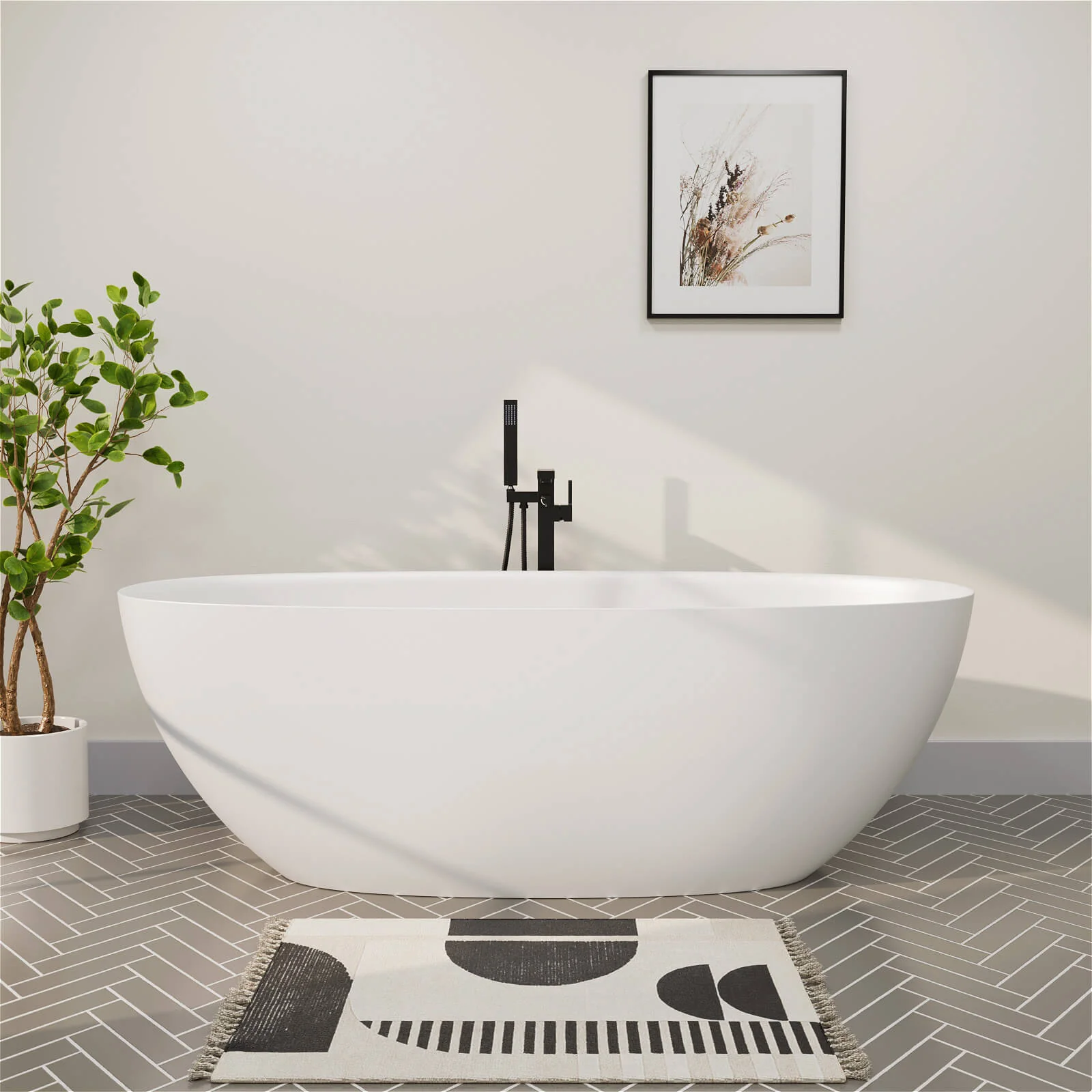 65" Solid Surface Stone Resin Modern Oval Shaped Freestanding Soaking Bathtub with Overflow - Image 15