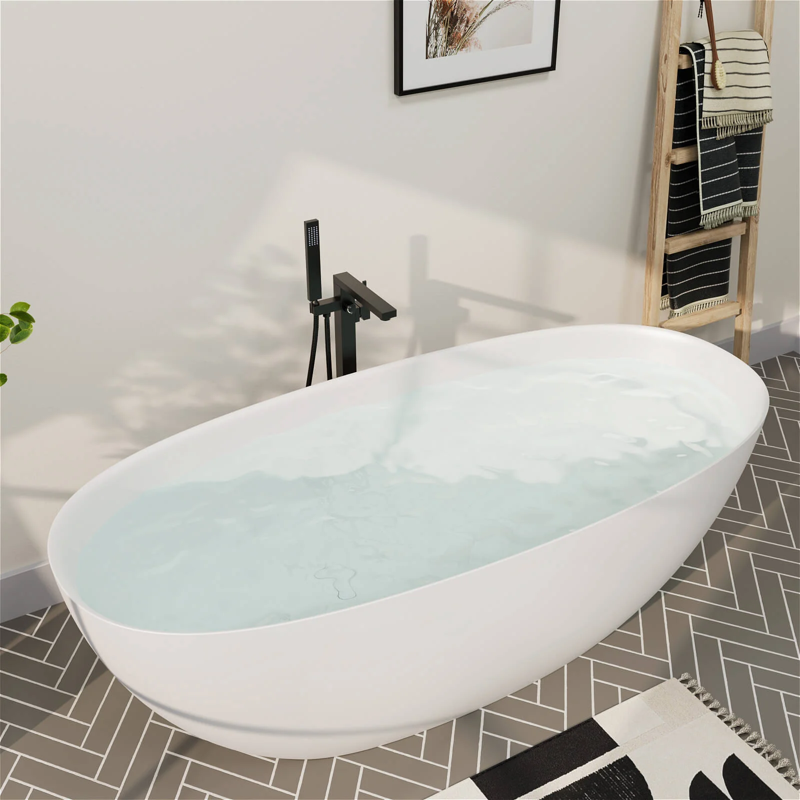 65" Solid Surface Stone Resin Modern Oval Shaped Freestanding Soaking Bathtub with Overflow - Image 19