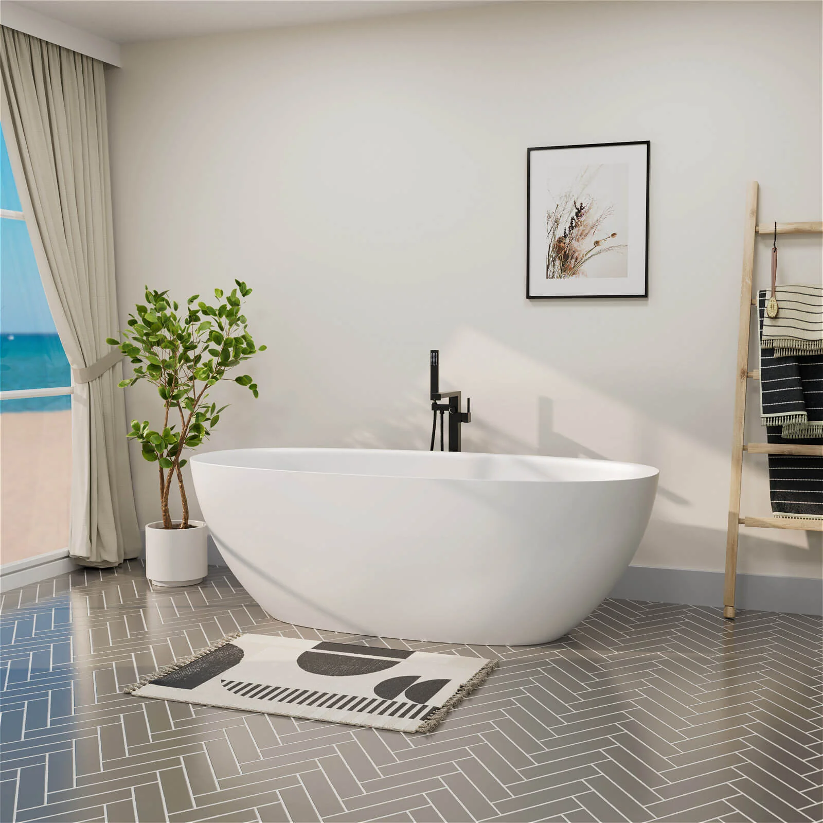65" Solid Surface Stone Resin Modern Oval Shaped Freestanding Soaking Bathtub with Overflow - Image 20